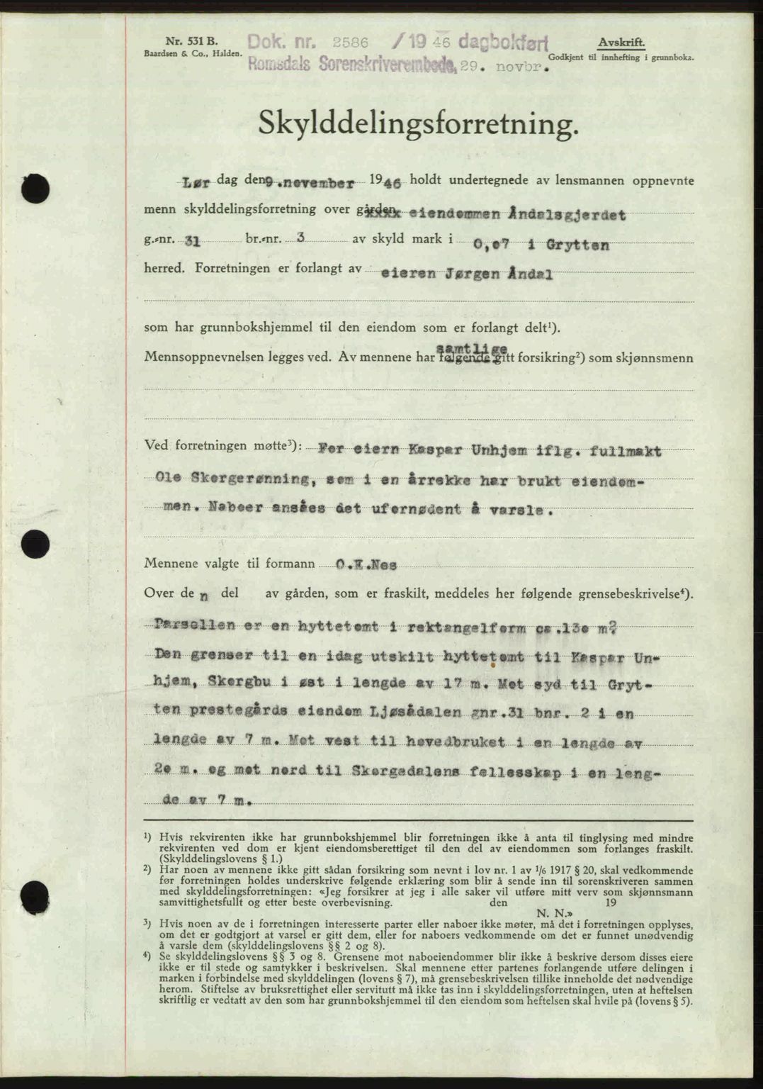 Romsdal sorenskriveri, AV/SAT-A-4149/1/2/2C: Mortgage book no. A21, 1946-1946, Diary no: : 2586/1946