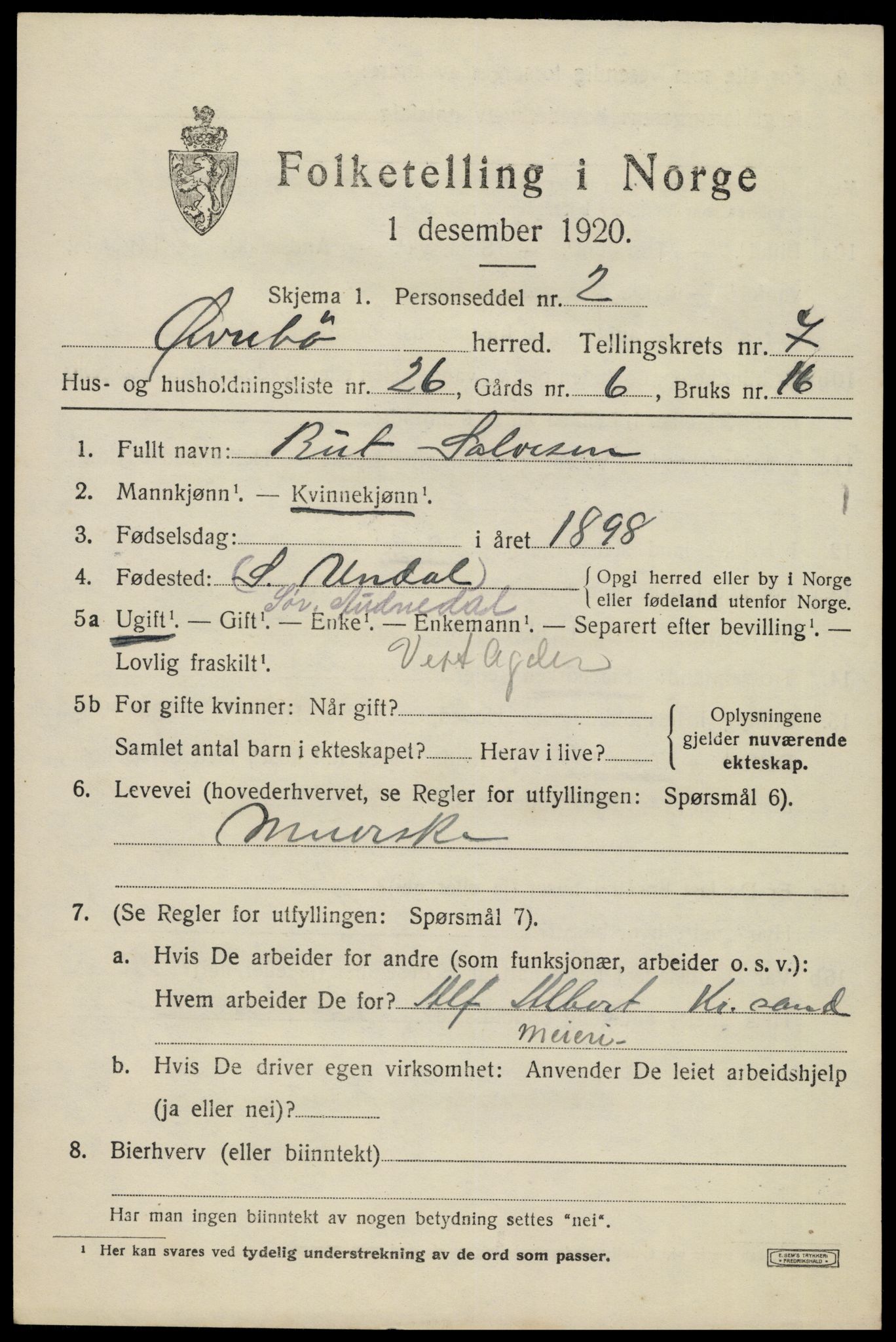 SAK, 1920 census for Øvrebø, 1920, p. 1698