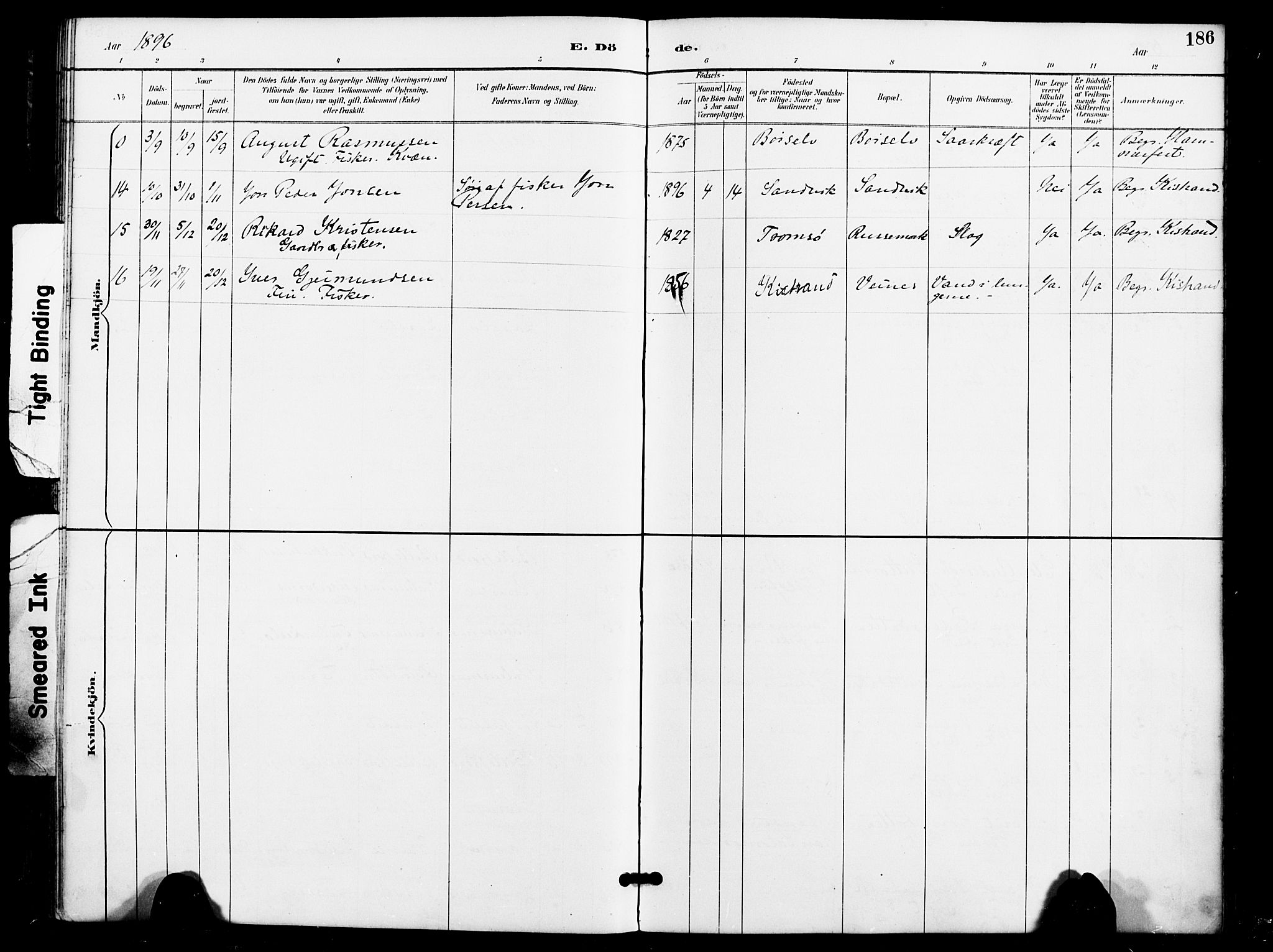 Kistrand/Porsanger sokneprestembete, AV/SATØ-S-1351/H/Ha/L0008.kirke: Parish register (official) no. 8, 1890-1898, p. 186