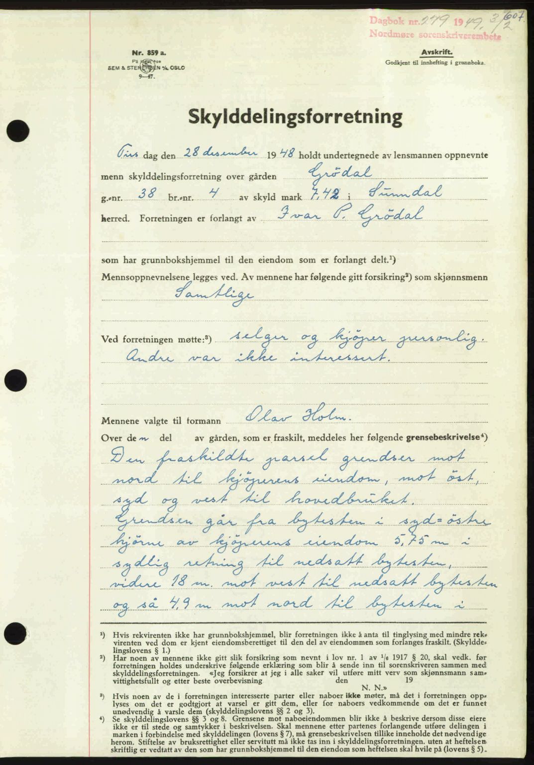 Nordmøre sorenskriveri, AV/SAT-A-4132/1/2/2Ca: Mortgage book no. A110, 1948-1949, Diary no: : 279/1949