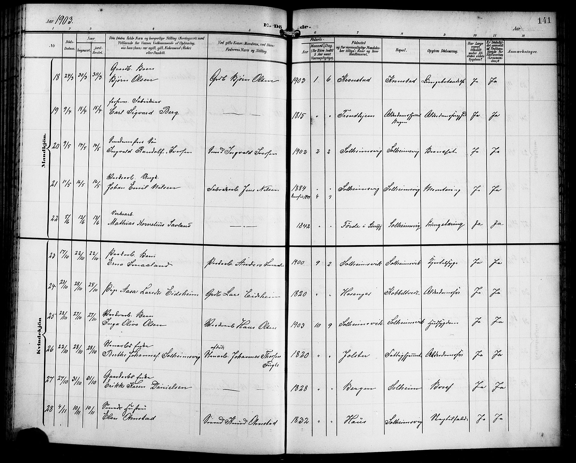 Årstad Sokneprestembete, AV/SAB-A-79301/H/Hab/L0018: Parish register (copy) no. C 1, 1902-1919, p. 141