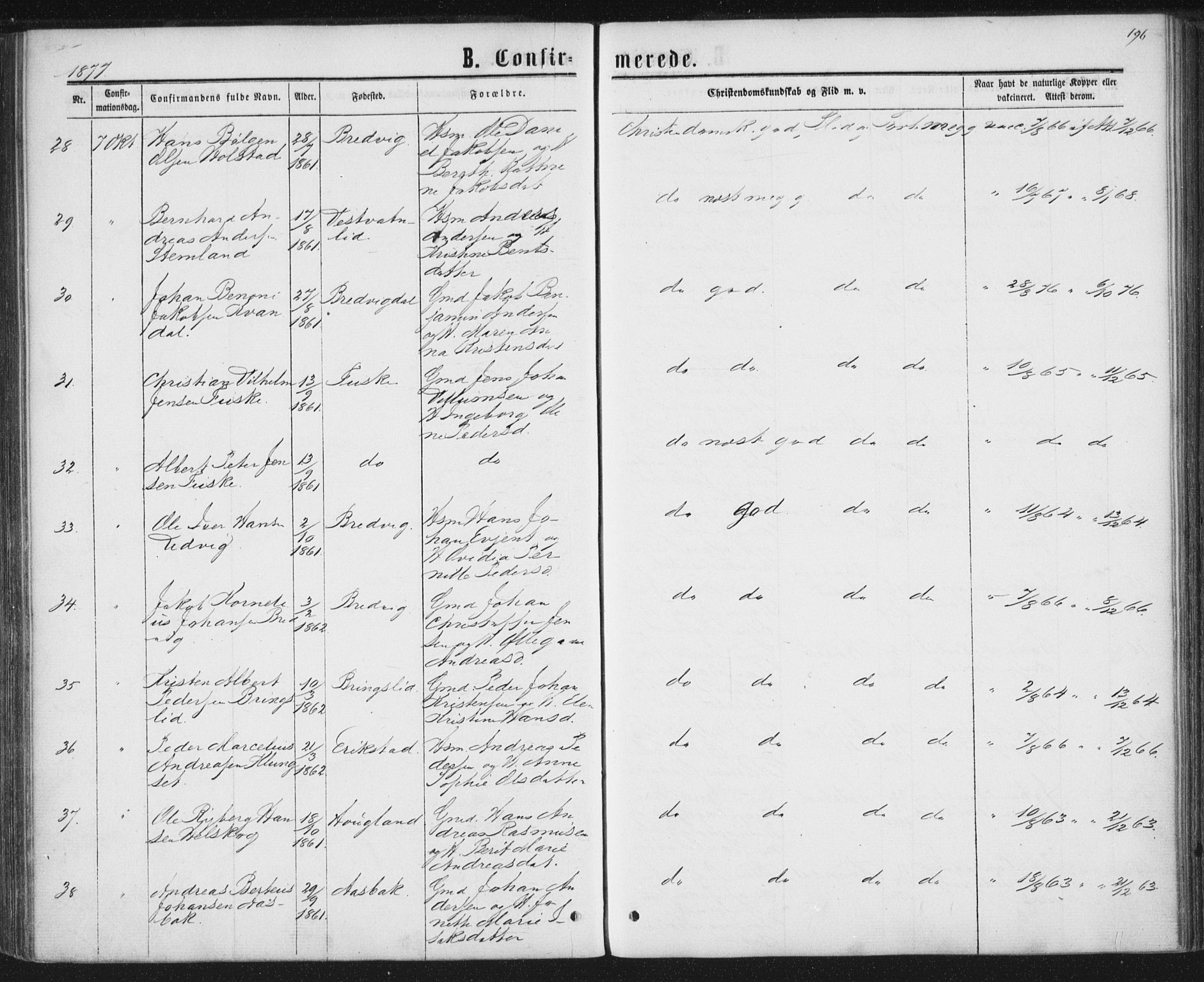 Ministerialprotokoller, klokkerbøker og fødselsregistre - Nordland, AV/SAT-A-1459/852/L0739: Parish register (official) no. 852A09, 1866-1877, p. 196