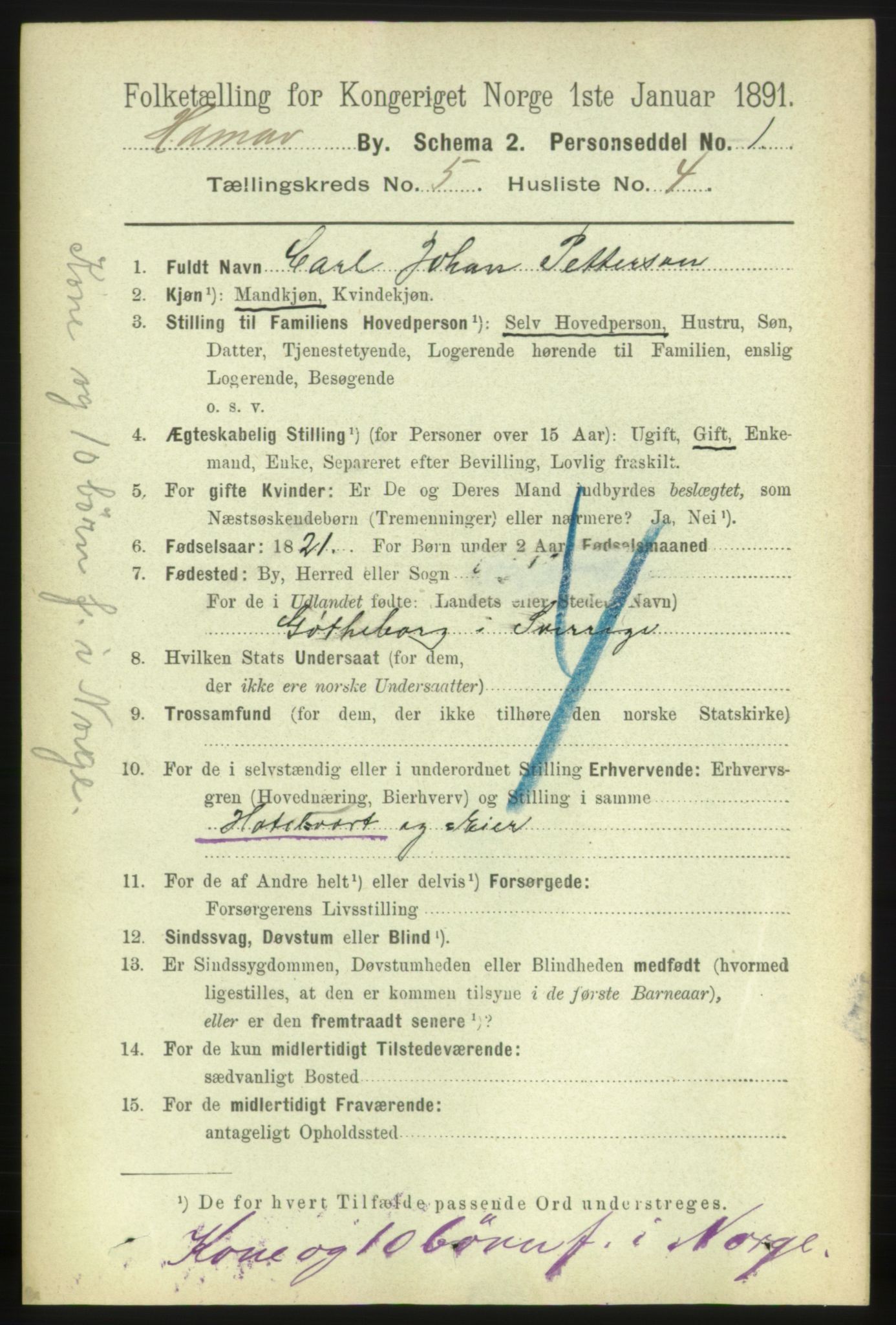RA, 1891 census for 0401 Hamar, 1891, p. 3735