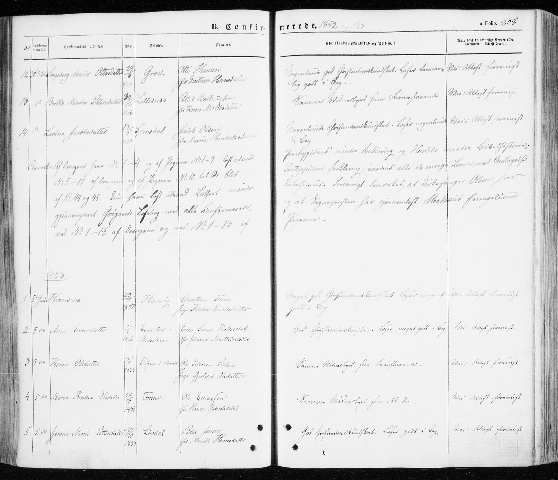 Ibestad sokneprestembete, SATØ/S-0077/H/Ha/Haa/L0008kirke: Parish register (official) no. 8, 1850-1859, p. 208