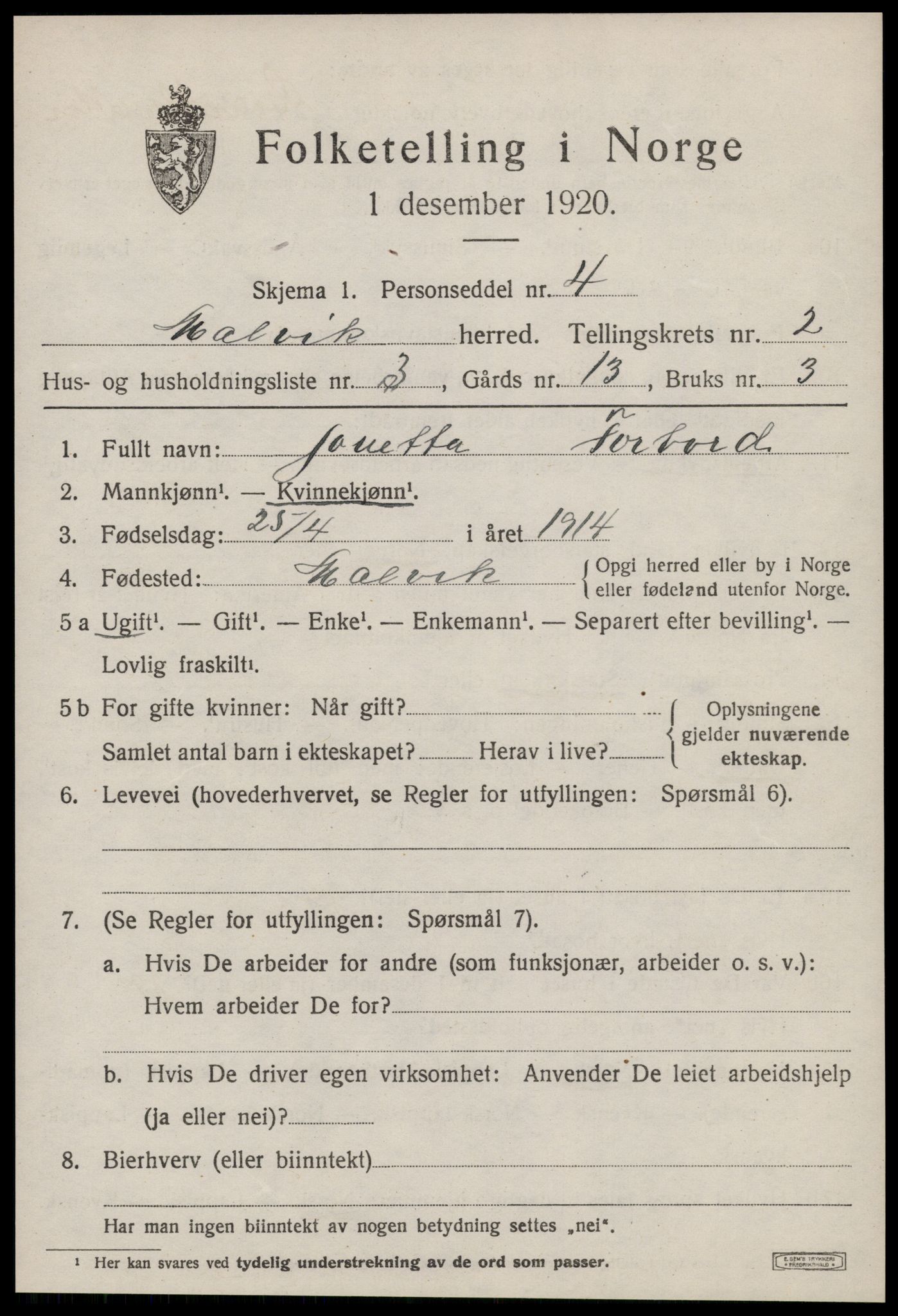 SAT, 1920 census for Malvik, 1920, p. 1862