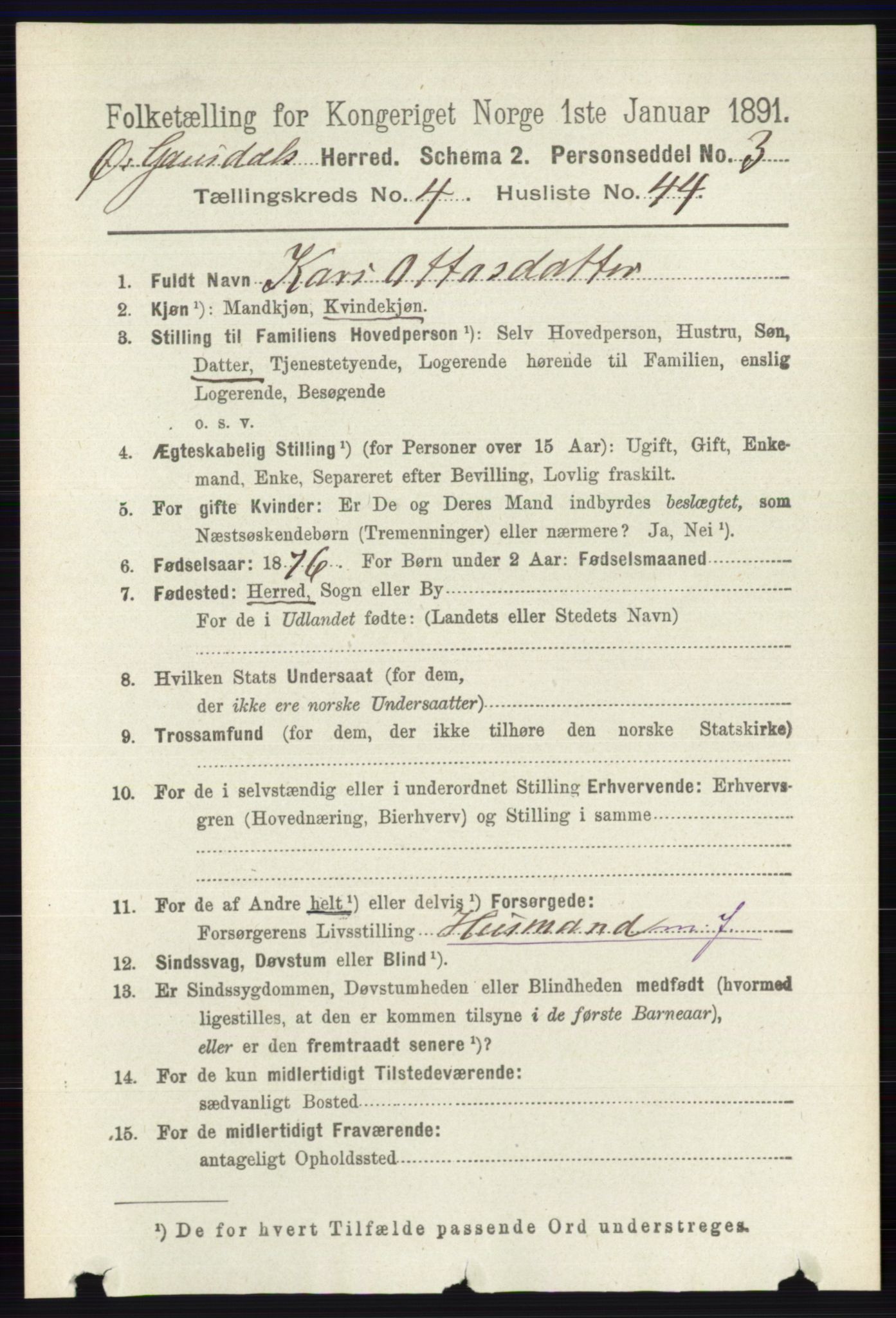 RA, 1891 census for 0522 Østre Gausdal, 1891, p. 2794