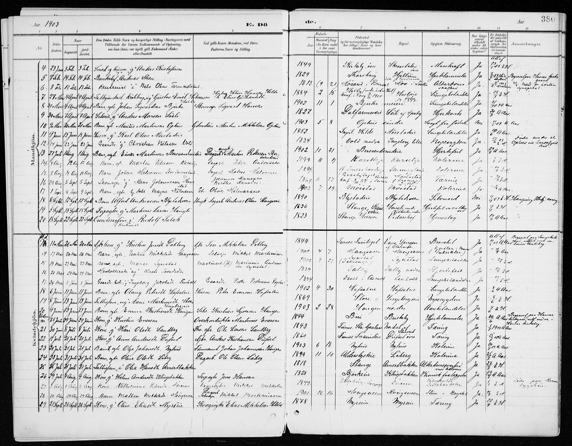 Vang prestekontor, Hedmark, SAH/PREST-008/H/Ha/Haa/L0021: Parish register (official) no. 21, 1902-1917, p. 380
