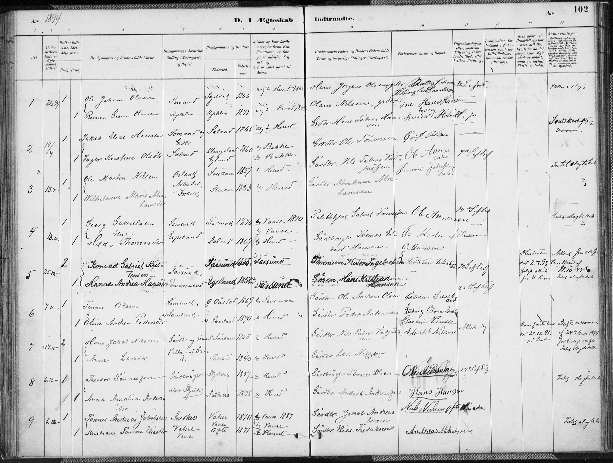 Herad sokneprestkontor, AV/SAK-1111-0018/F/Fa/Faa/L0006: Parish register (official) no. A 6, 1887-1907, p. 102