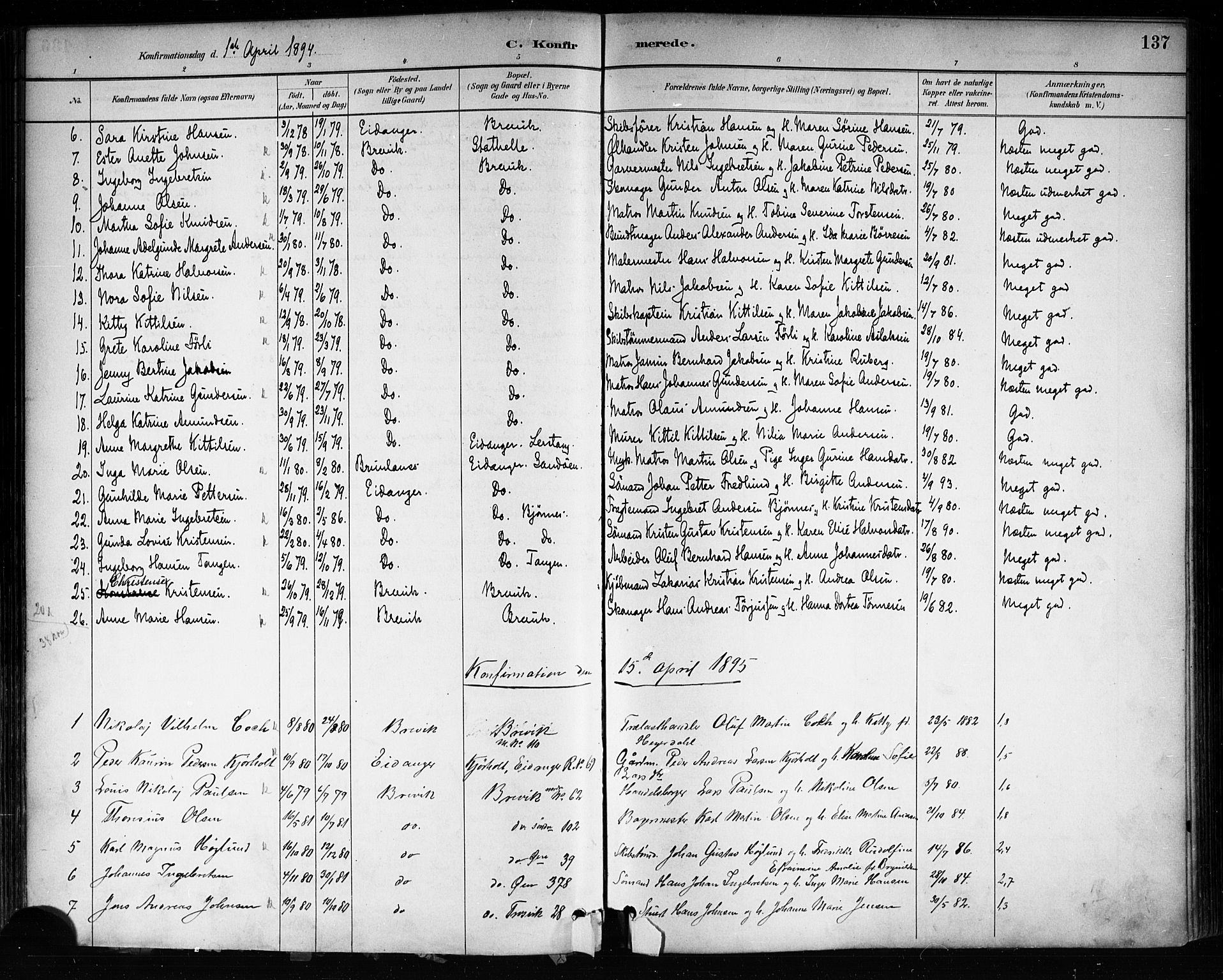 Brevik kirkebøker, SAKO/A-255/F/Fa/L0007: Parish register (official) no. 7, 1882-1900, p. 137