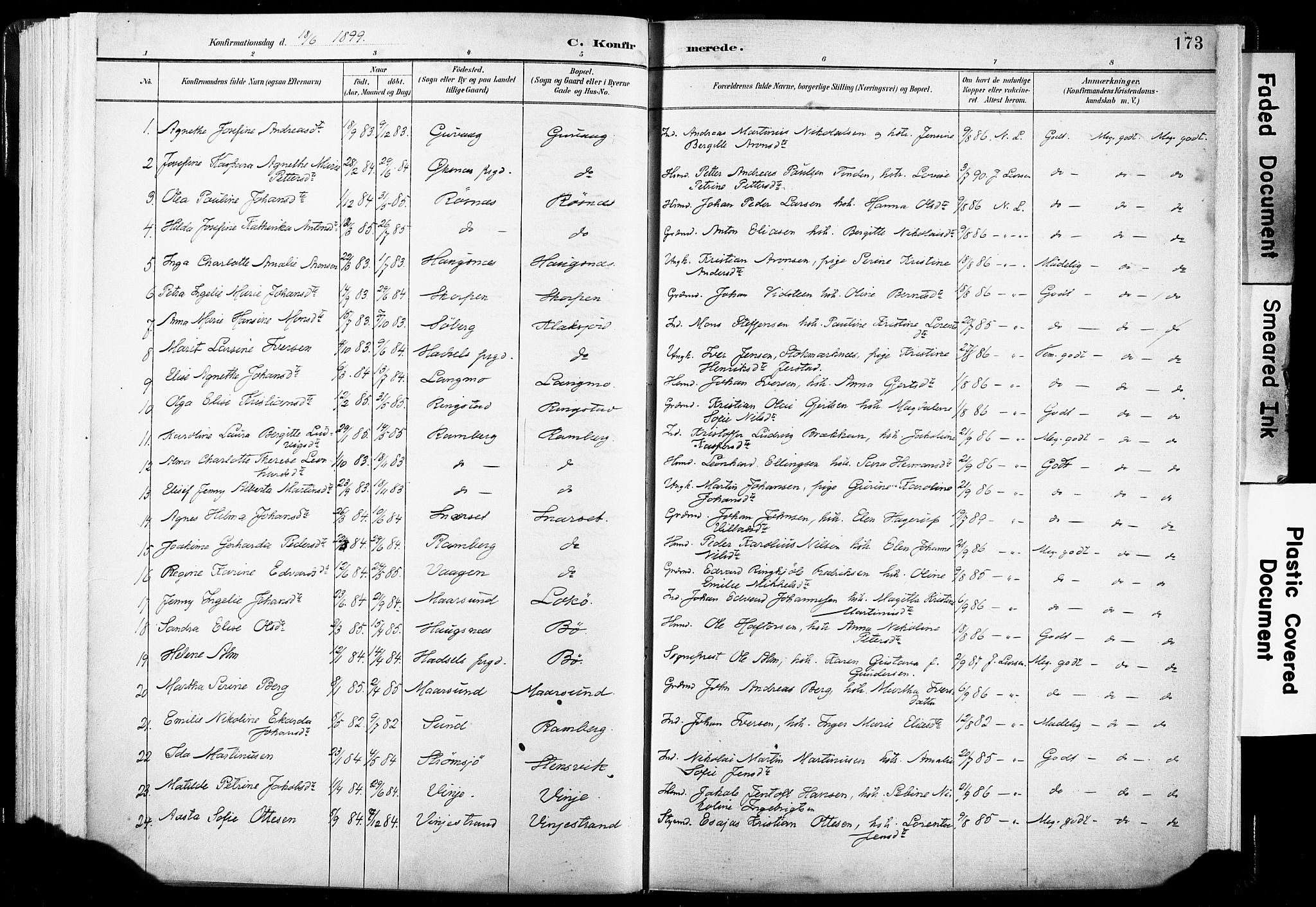 Ministerialprotokoller, klokkerbøker og fødselsregistre - Nordland, AV/SAT-A-1459/891/L1304: Parish register (official) no. 891A09, 1895-1921, p. 173