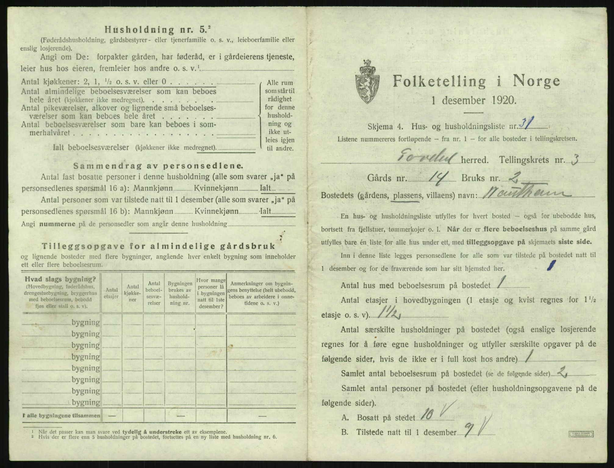 SAK, 1920 census for Tovdal, 1920, p. 143