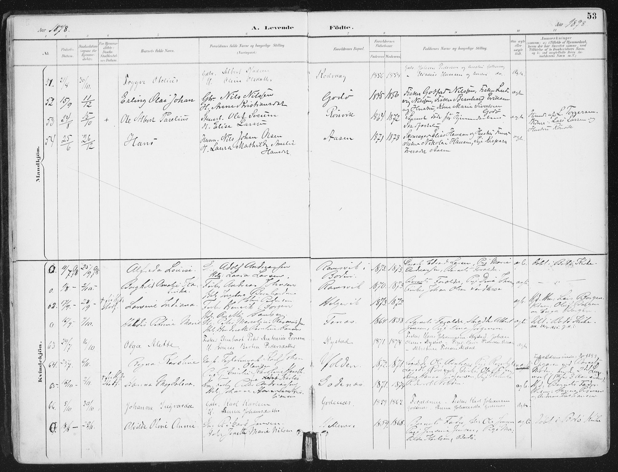 Ministerialprotokoller, klokkerbøker og fødselsregistre - Nordland, AV/SAT-A-1459/802/L0055: Parish register (official) no. 802A02, 1894-1915, p. 53