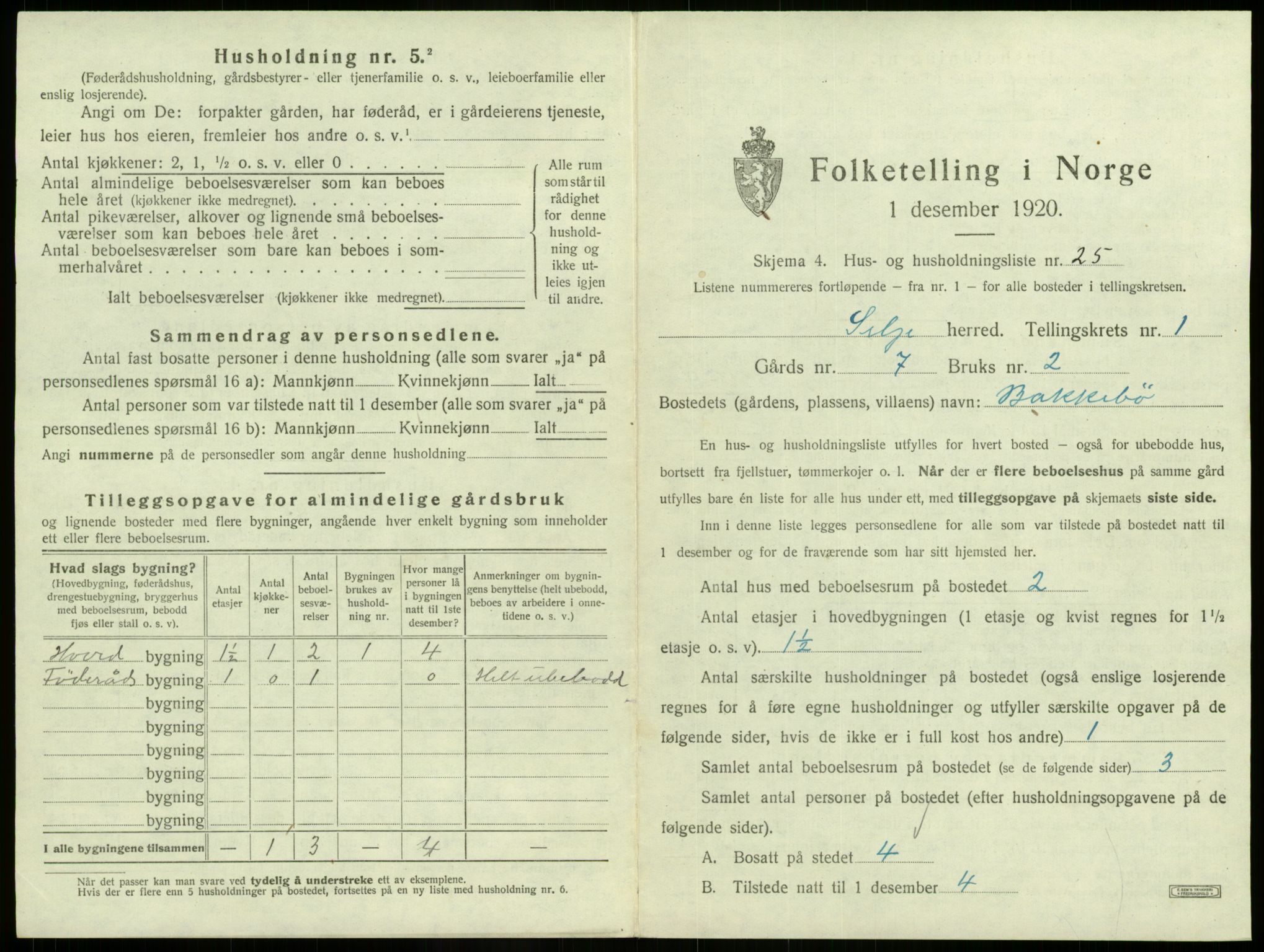 SAB, 1920 census for Selje, 1920, p. 119