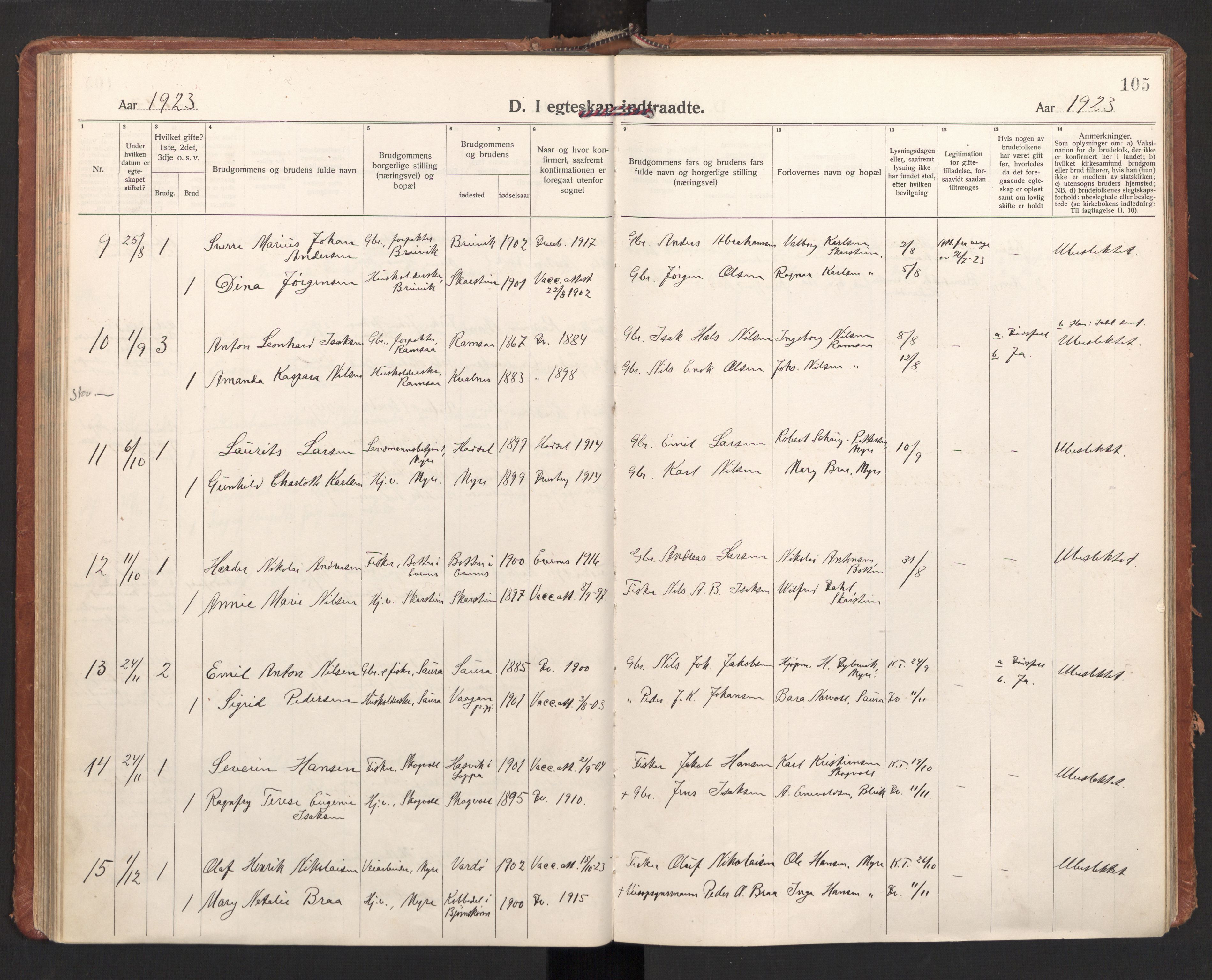 Ministerialprotokoller, klokkerbøker og fødselsregistre - Nordland, AV/SAT-A-1459/897/L1408: Parish register (official) no. 897A15, 1922-1938, p. 105