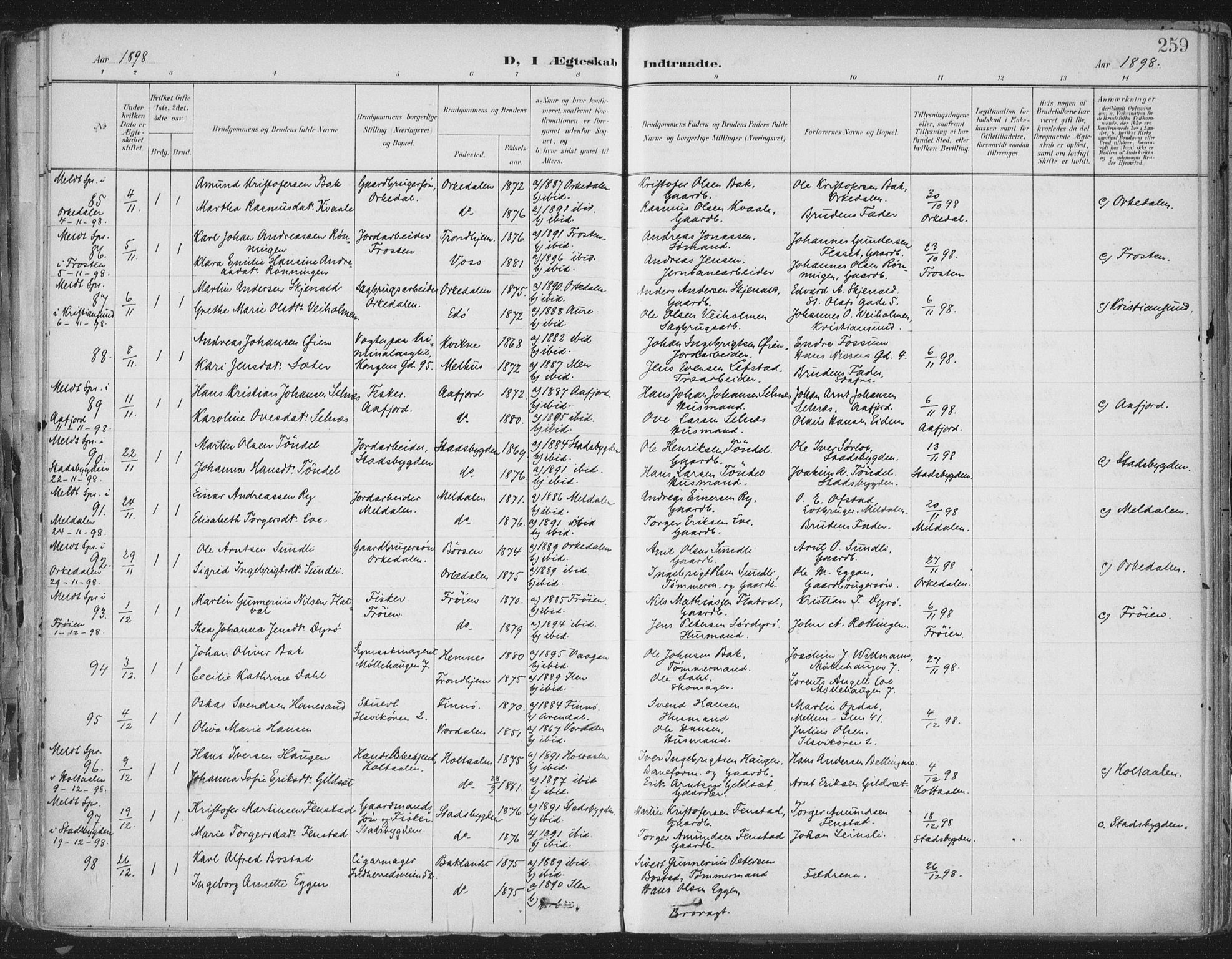 Ministerialprotokoller, klokkerbøker og fødselsregistre - Sør-Trøndelag, SAT/A-1456/603/L0167: Parish register (official) no. 603A06, 1896-1932, p. 259
