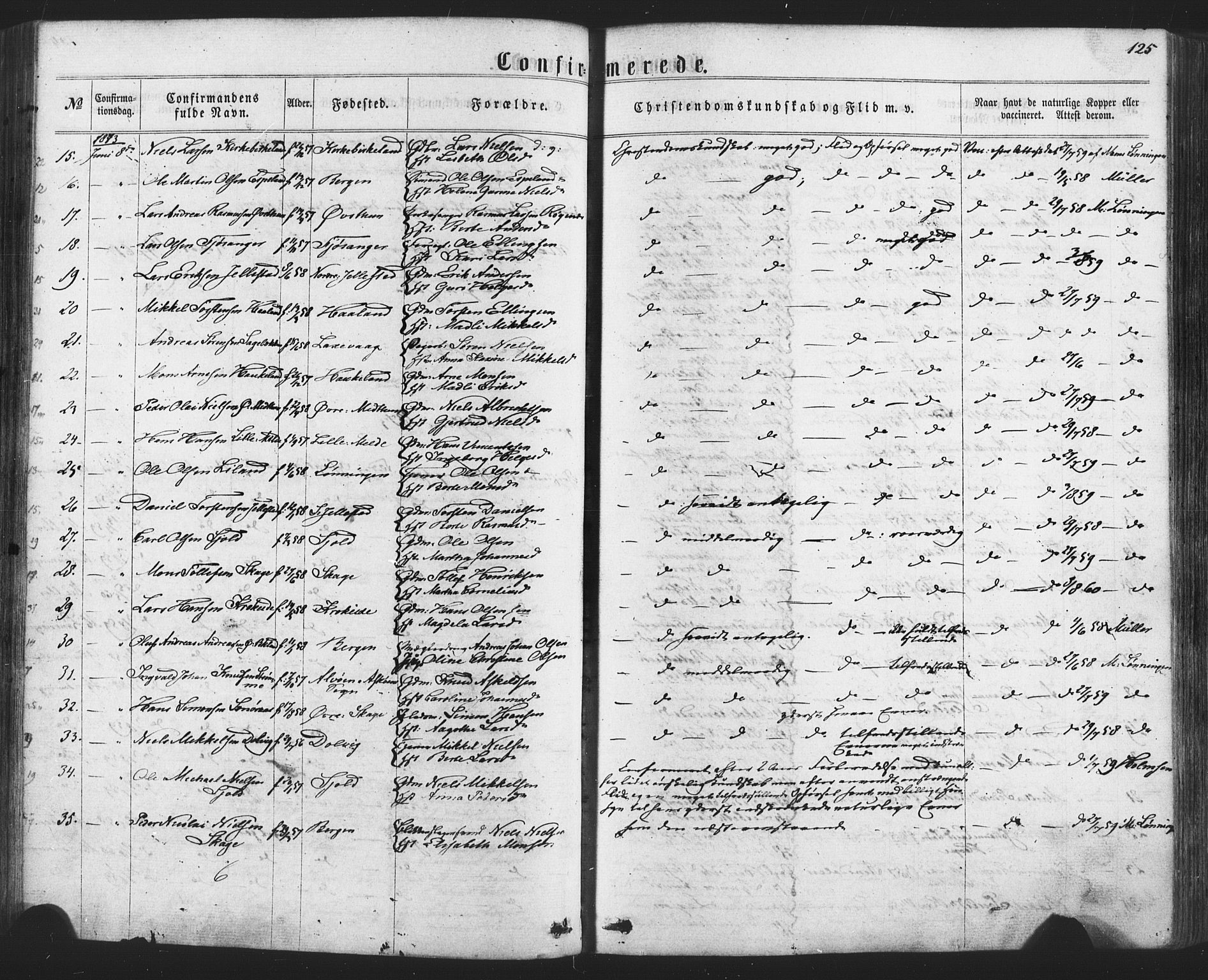 Fana Sokneprestembete, SAB/A-75101/H/Haa/Haaa/L0012: Parish register (official) no. A 12, 1862-1878, p. 125