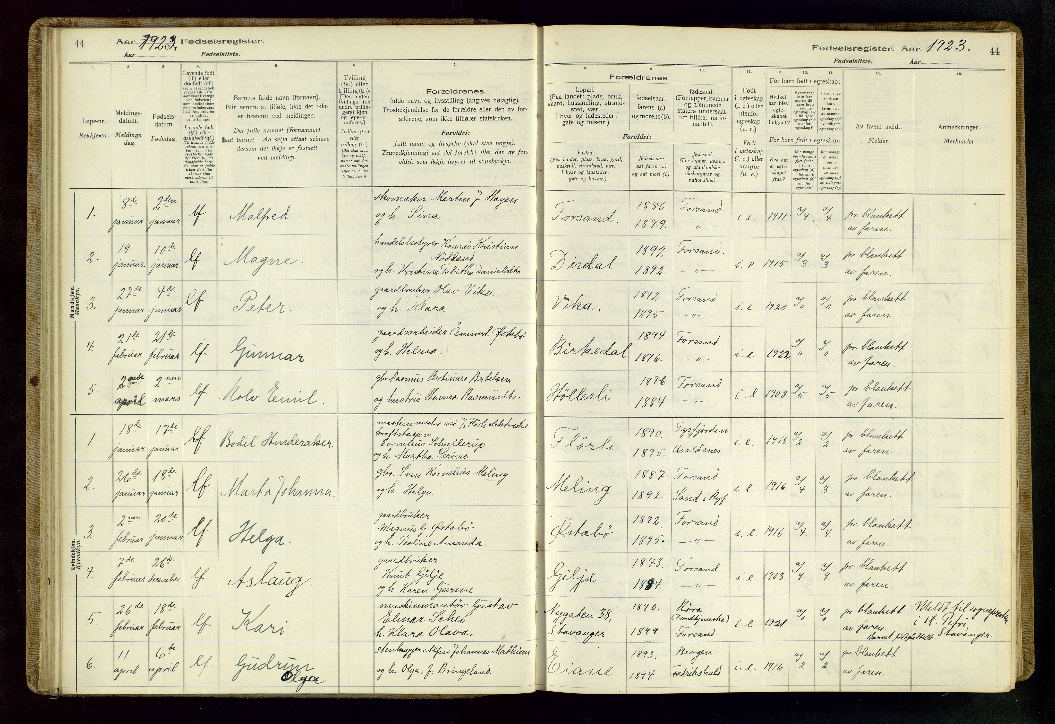 Høgsfjord sokneprestkontor, SAST/A-101624/I/Id/L0002: Birth register no. 2, 1916-1959, p. 44