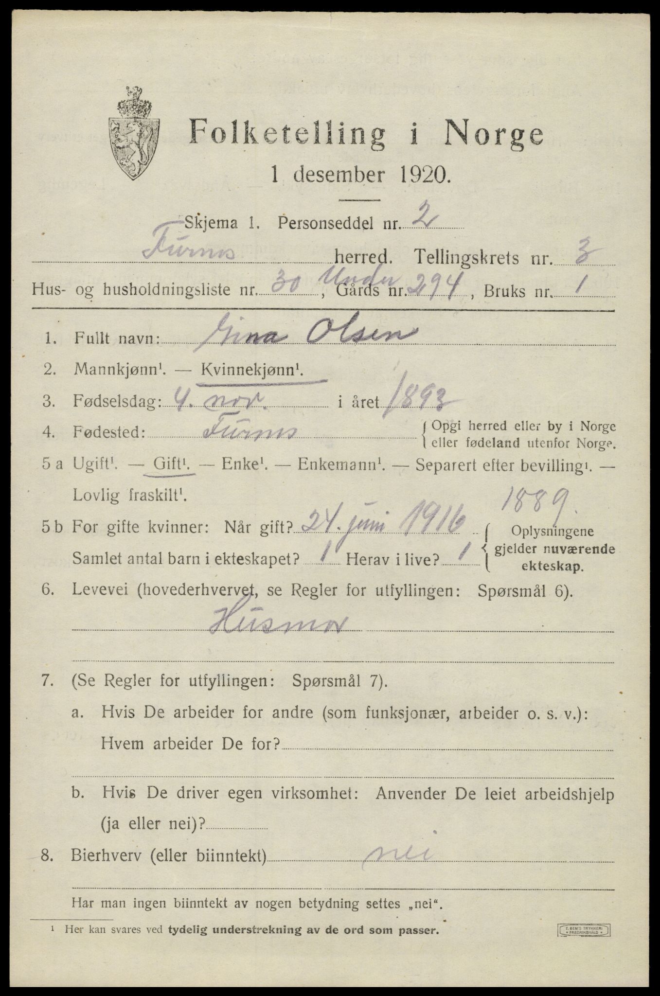 SAH, 1920 census for Furnes, 1920, p. 5161