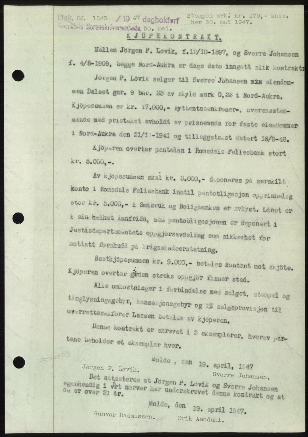 Romsdal sorenskriveri, AV/SAT-A-4149/1/2/2C: Mortgage book no. A23, 1947-1947, Diary no: : 1343/1947