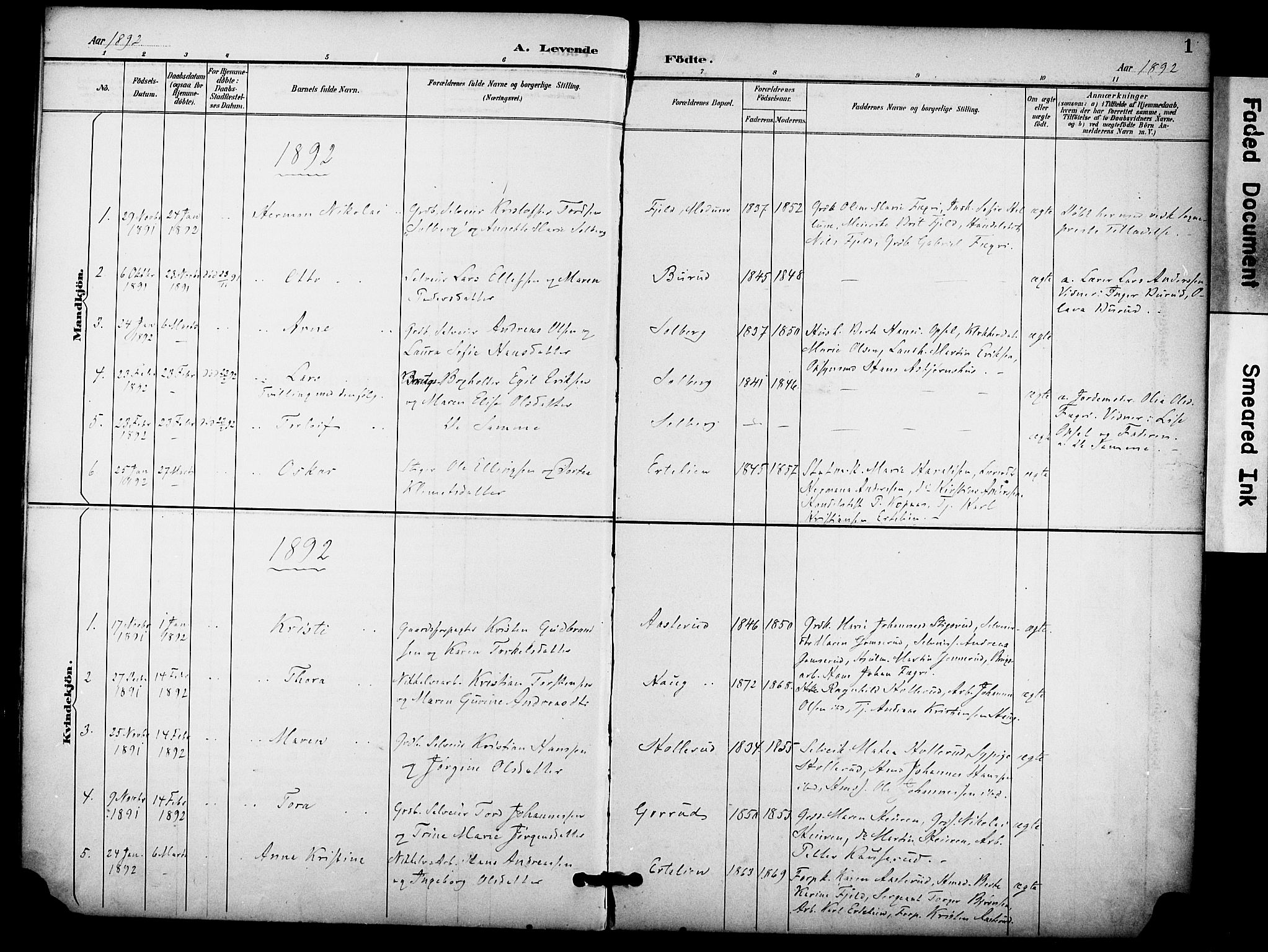 Hole kirkebøker, AV/SAKO-A-228/F/Fb/L0002: Parish register (official) no. II 2, 1892-1906, p. 1
