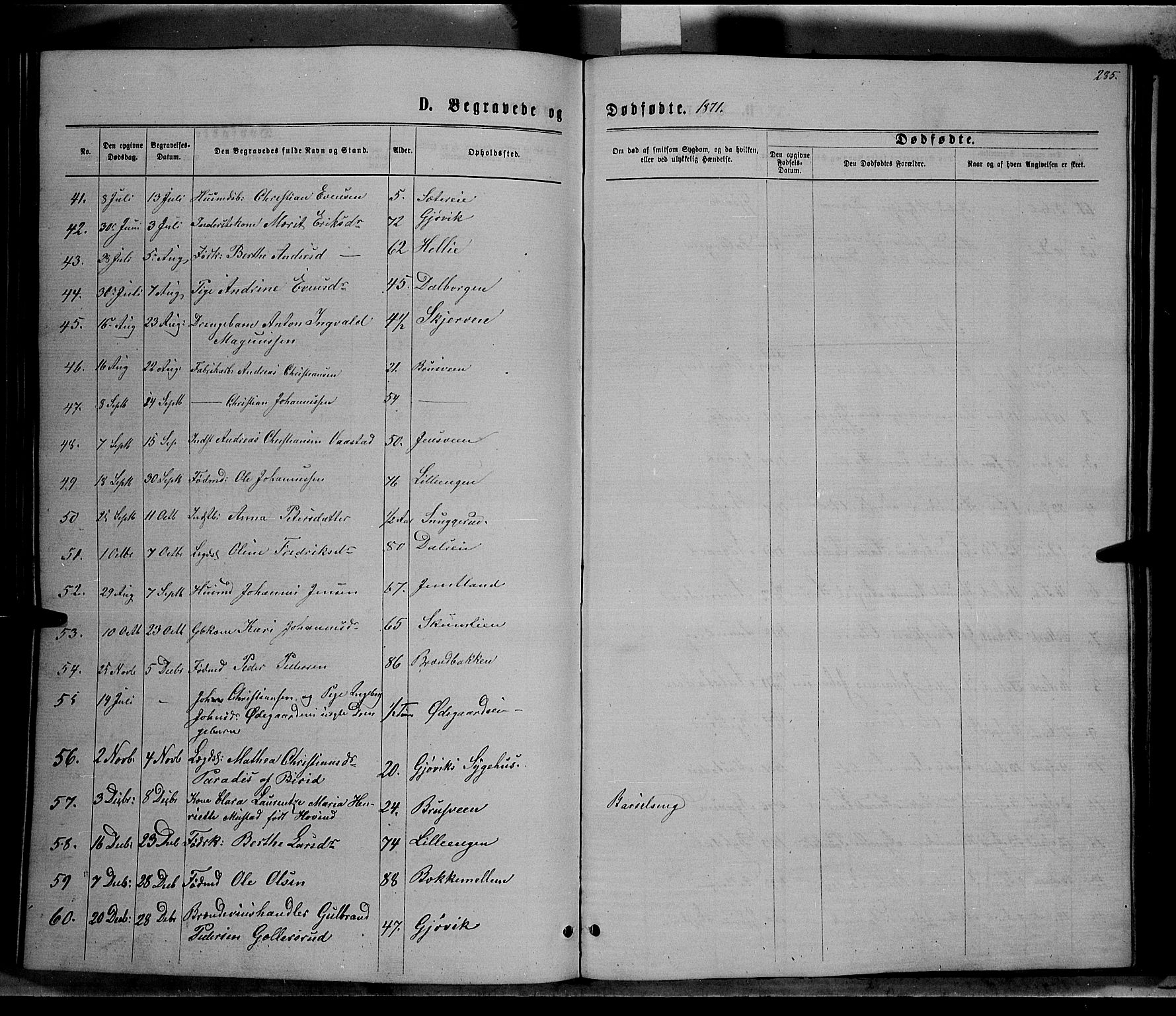 Vardal prestekontor, AV/SAH-PREST-100/H/Ha/Hab/L0006: Parish register (copy) no. 6, 1869-1881, p. 285