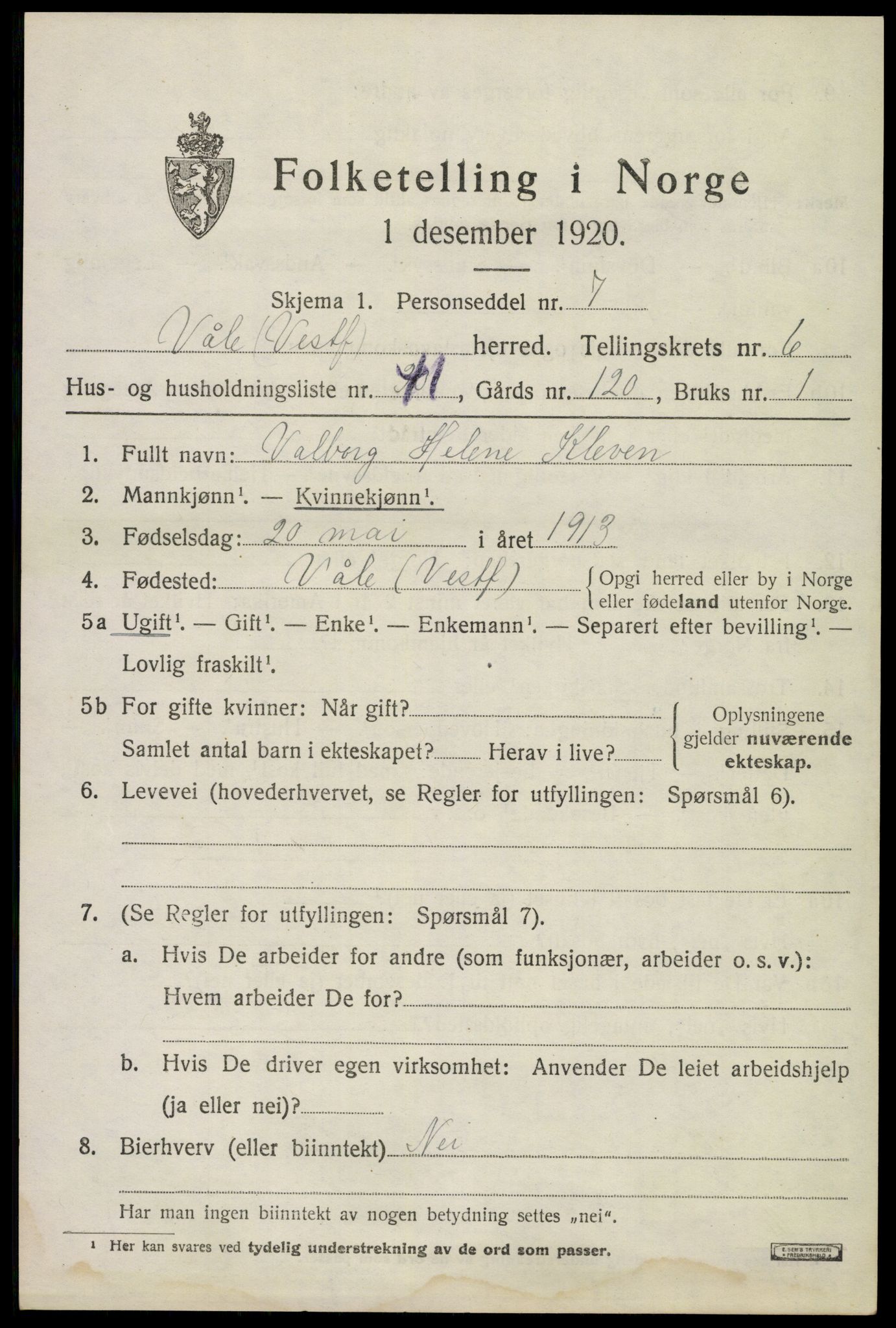 SAKO, 1920 census for Våle, 1920, p. 5388