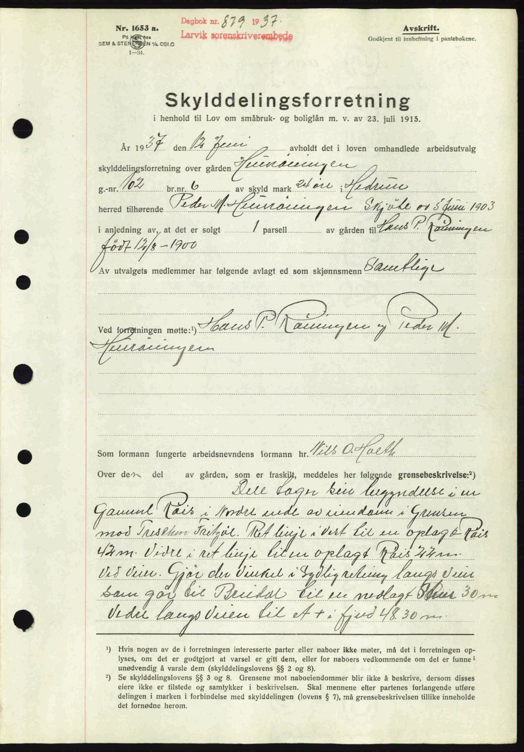 Larvik sorenskriveri, SAKO/A-83/G/Ga/Gab/L0067: Mortgage book no. A-1, 1936-1937, Diary no: : 879/1937