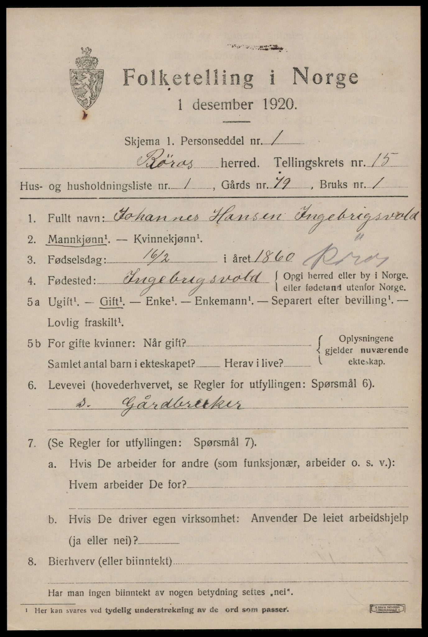 SAT, 1920 census for Røros, 1920, p. 10262