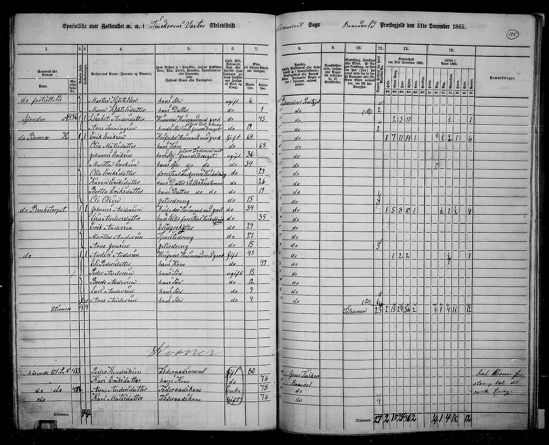 RA, 1865 census for Brandval, 1865, p. 157