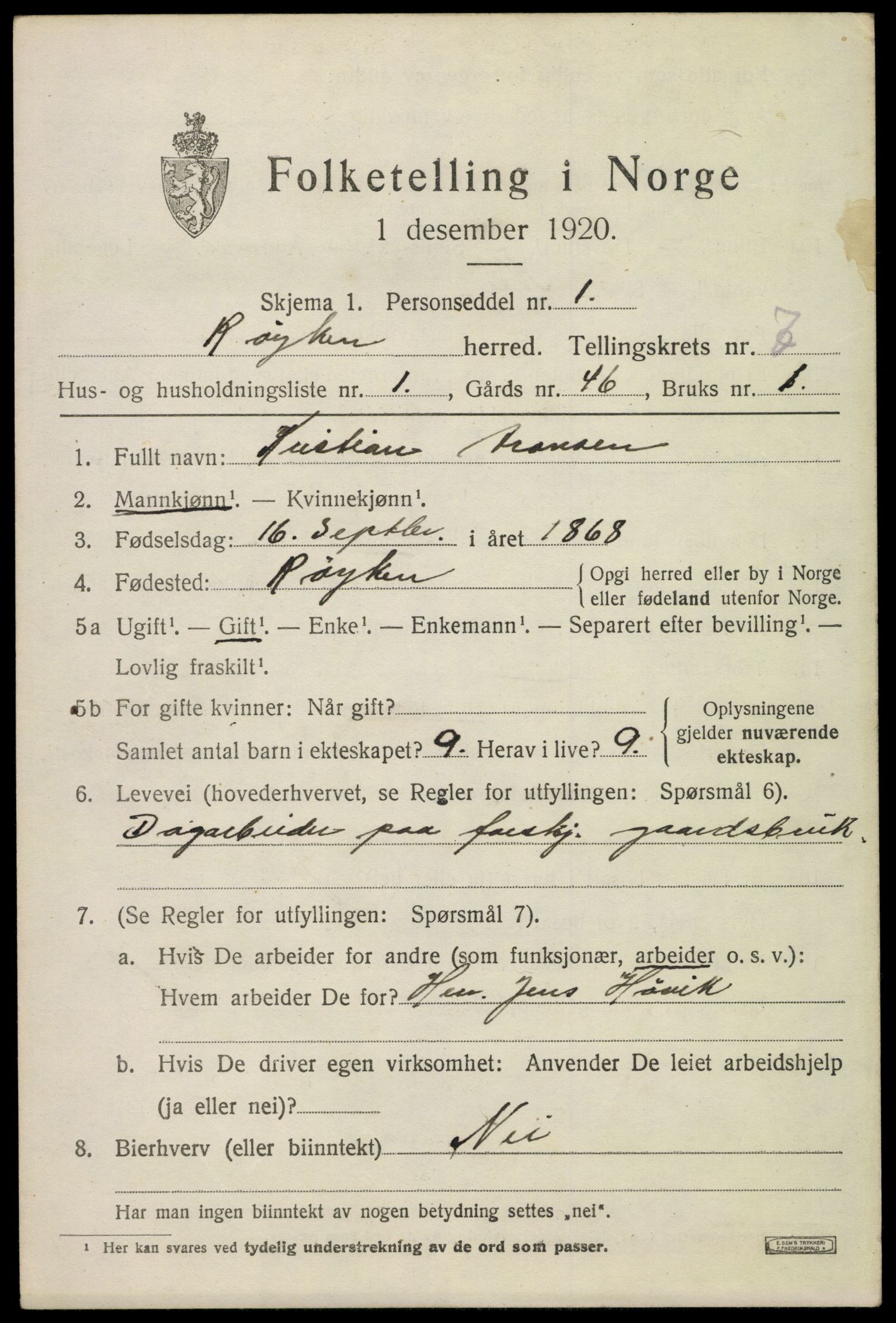 SAKO, 1920 census for Røyken, 1920, p. 11270