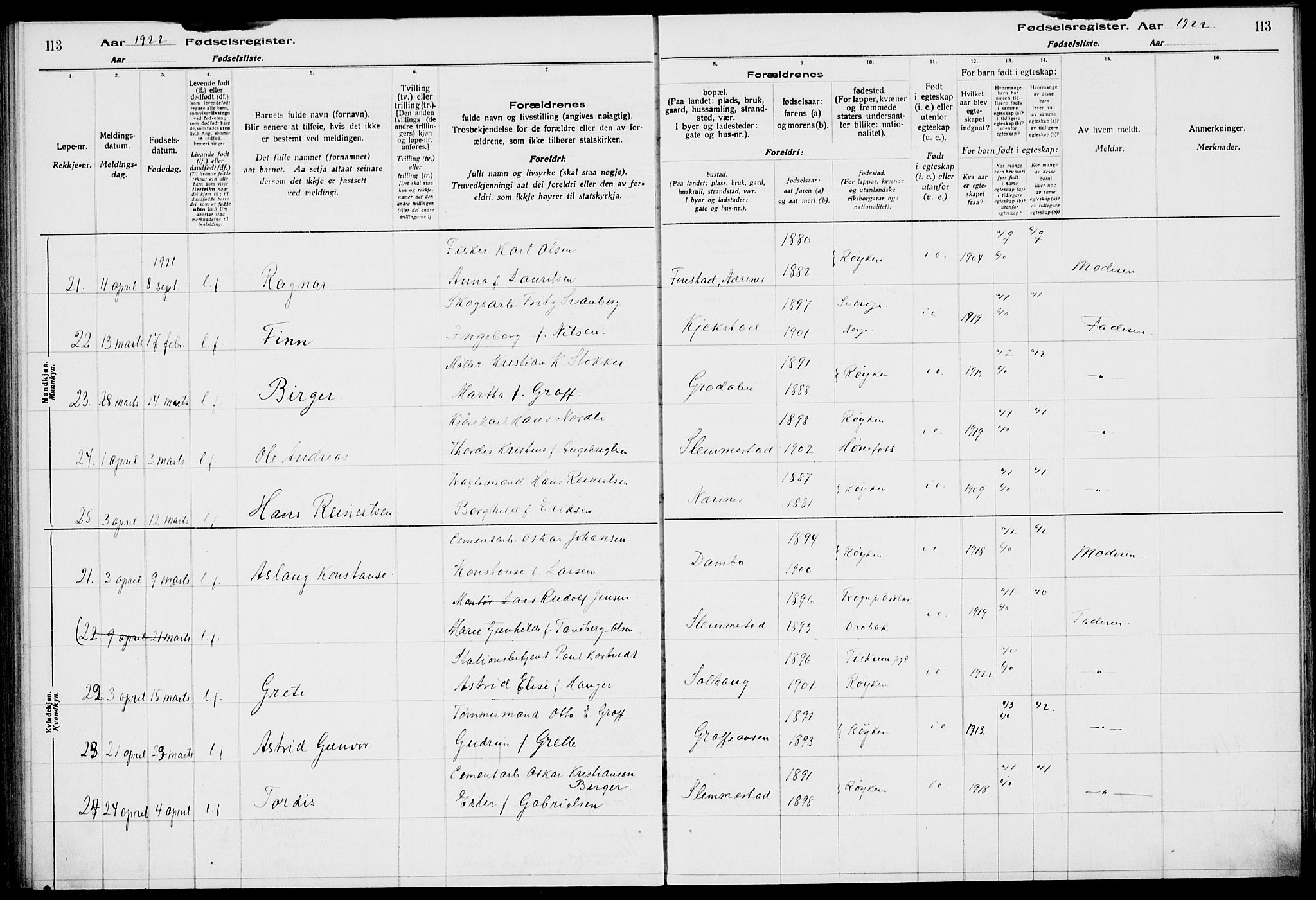 Røyken kirkebøker, AV/SAKO-A-241/J/Ja/L0001: Birth register no. 1, 1916-1927, p. 113