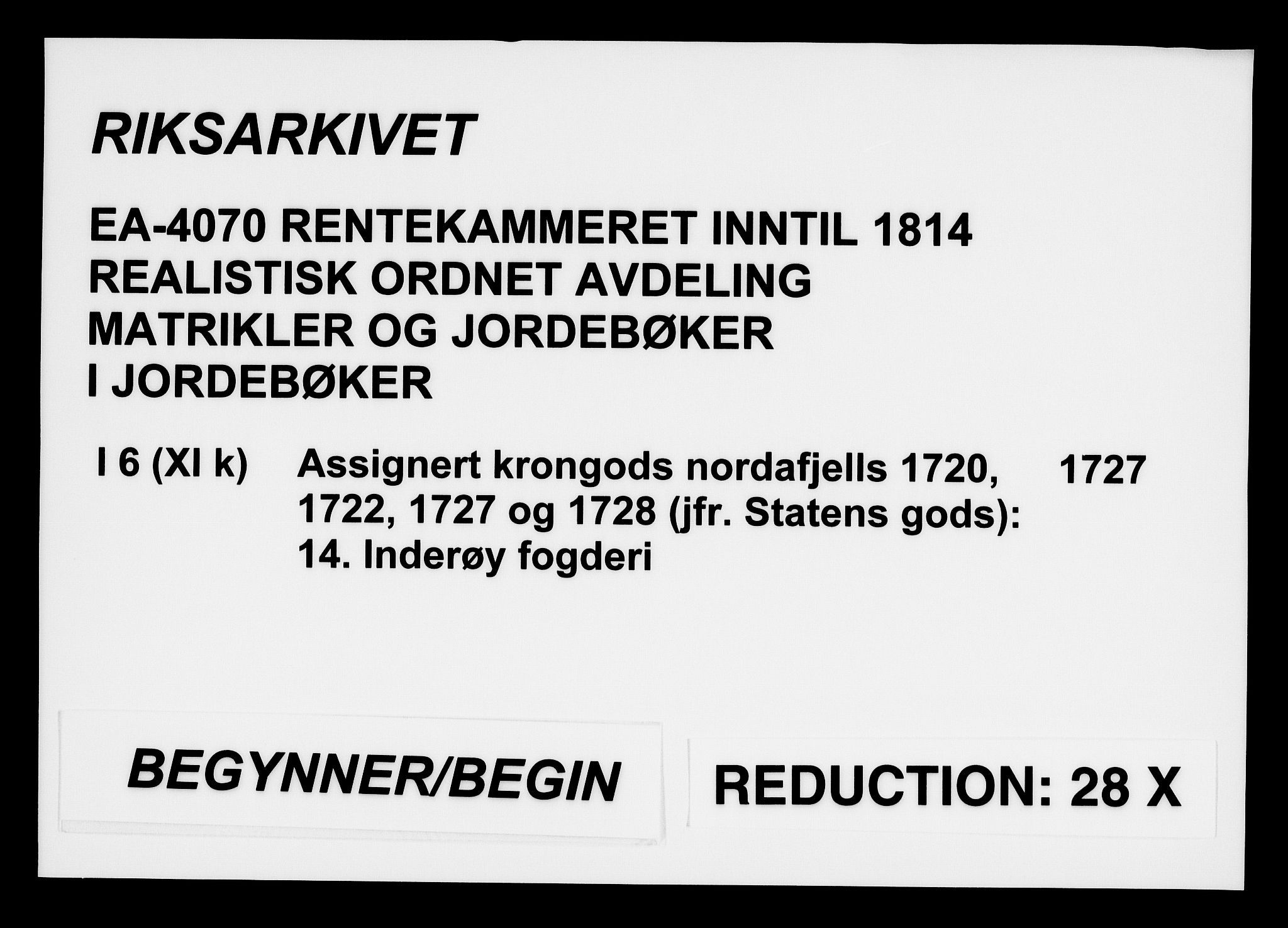 Rentekammeret inntil 1814, Realistisk ordnet avdeling, RA/EA-4070/N/Na/L0006/0014: [XI k]: Assignert krongods nordafjells (1720, 1722, 1727 og 1728): / Inderøy fogderi, 1727