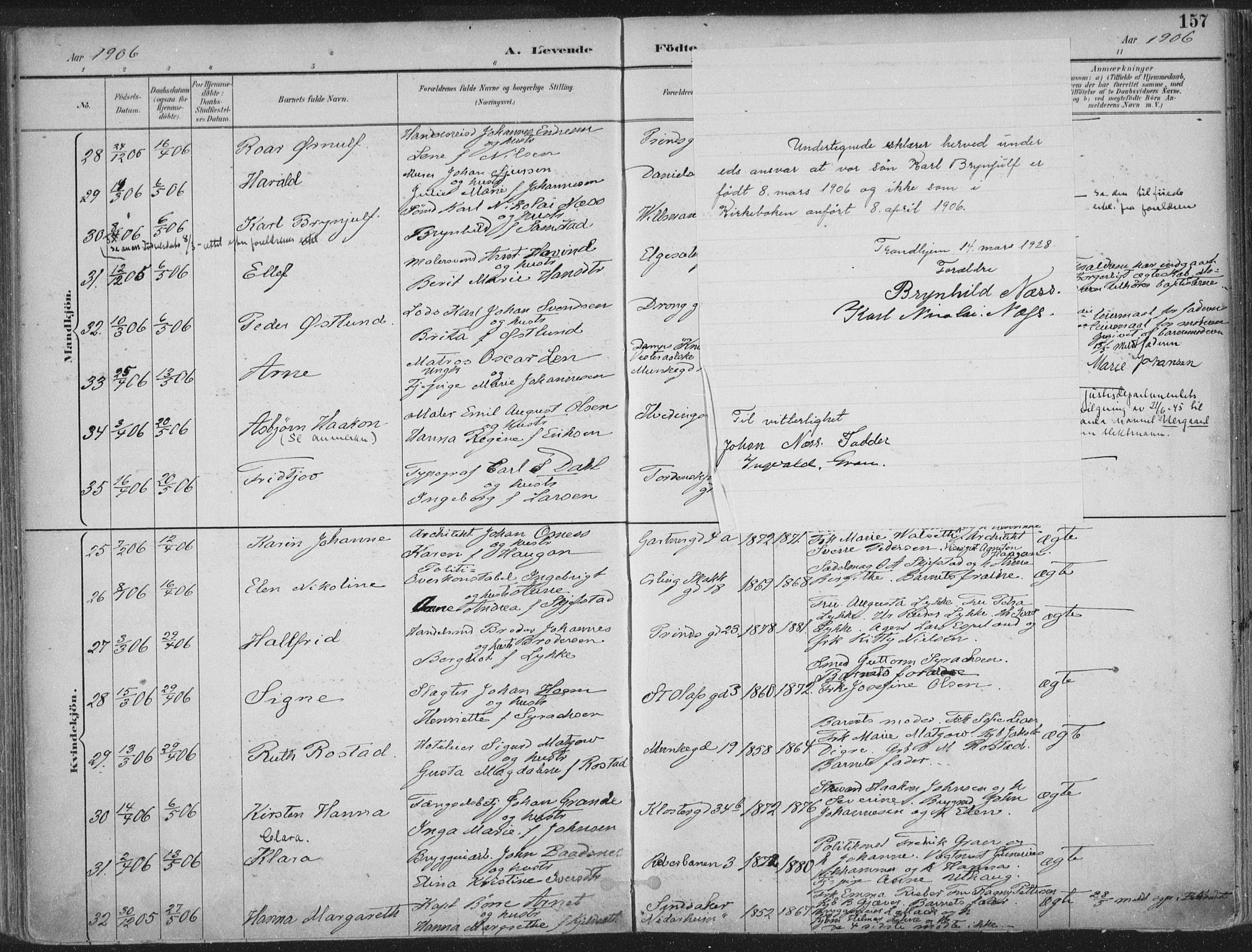 Ministerialprotokoller, klokkerbøker og fødselsregistre - Sør-Trøndelag, AV/SAT-A-1456/601/L0062: Parish register (official) no. 601A30, 1891-1911, p. 157