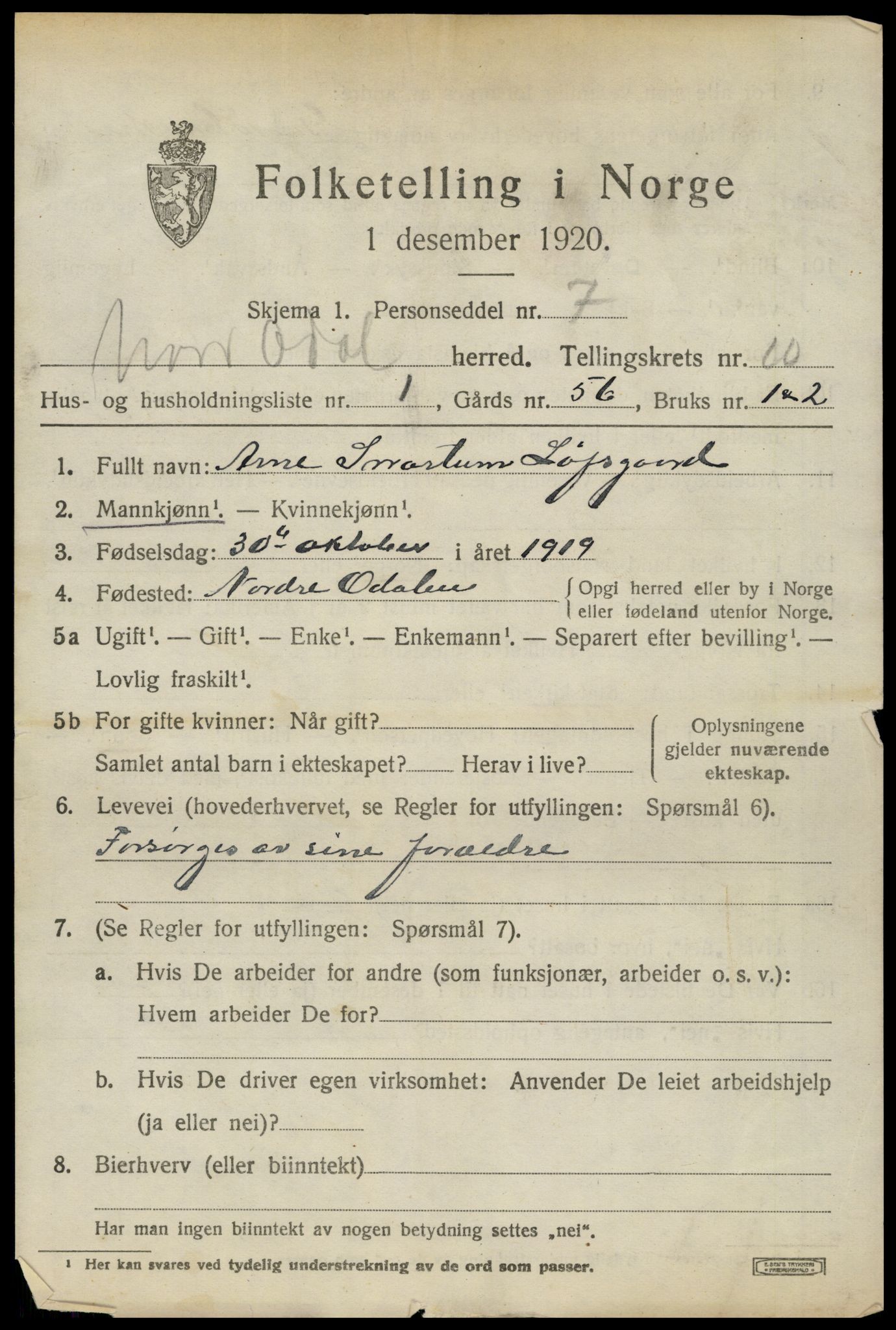 SAH, 1920 census for Nord-Odal, 1920, p. 10885