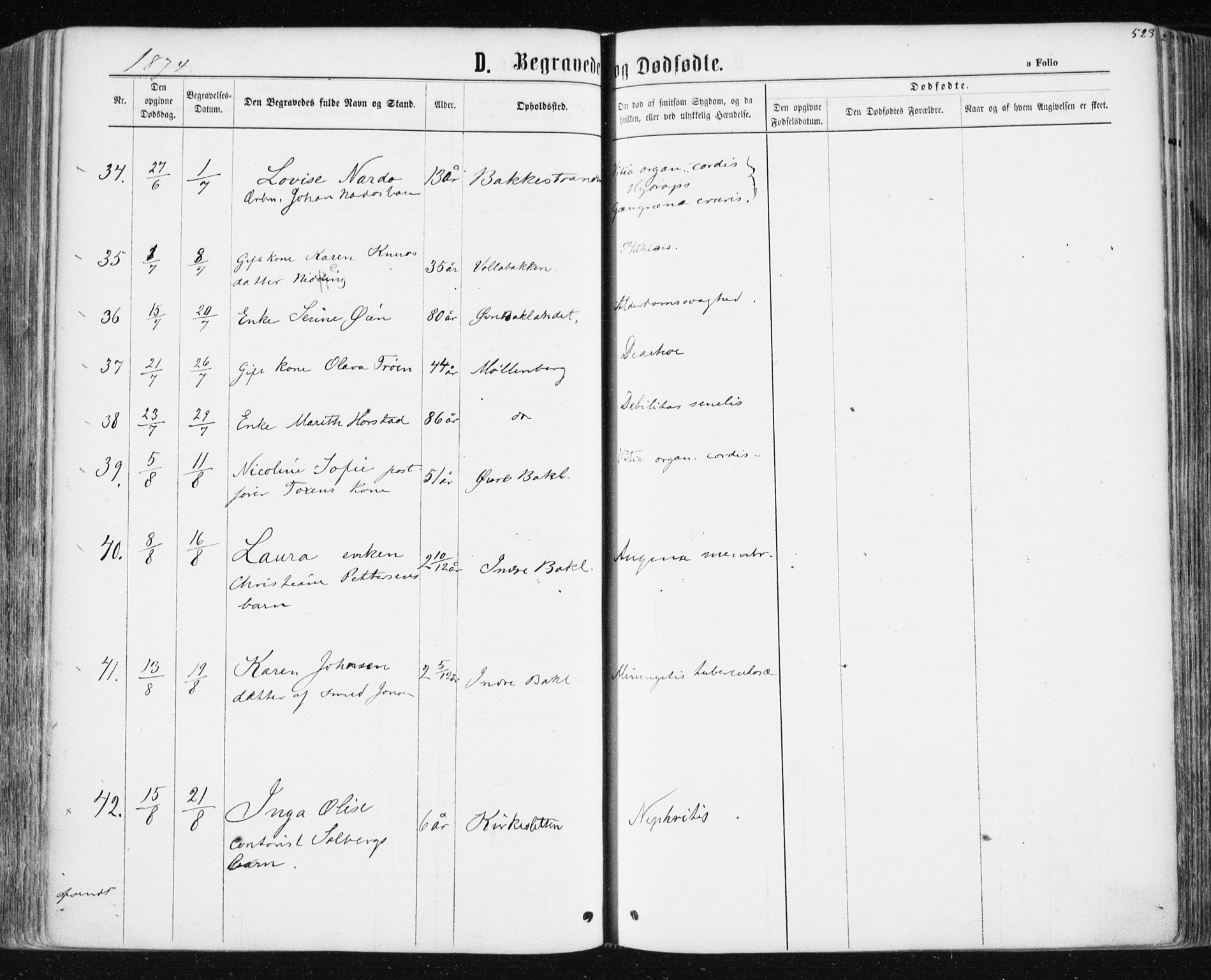 Ministerialprotokoller, klokkerbøker og fødselsregistre - Sør-Trøndelag, AV/SAT-A-1456/604/L0186: Parish register (official) no. 604A07, 1866-1877, p. 523