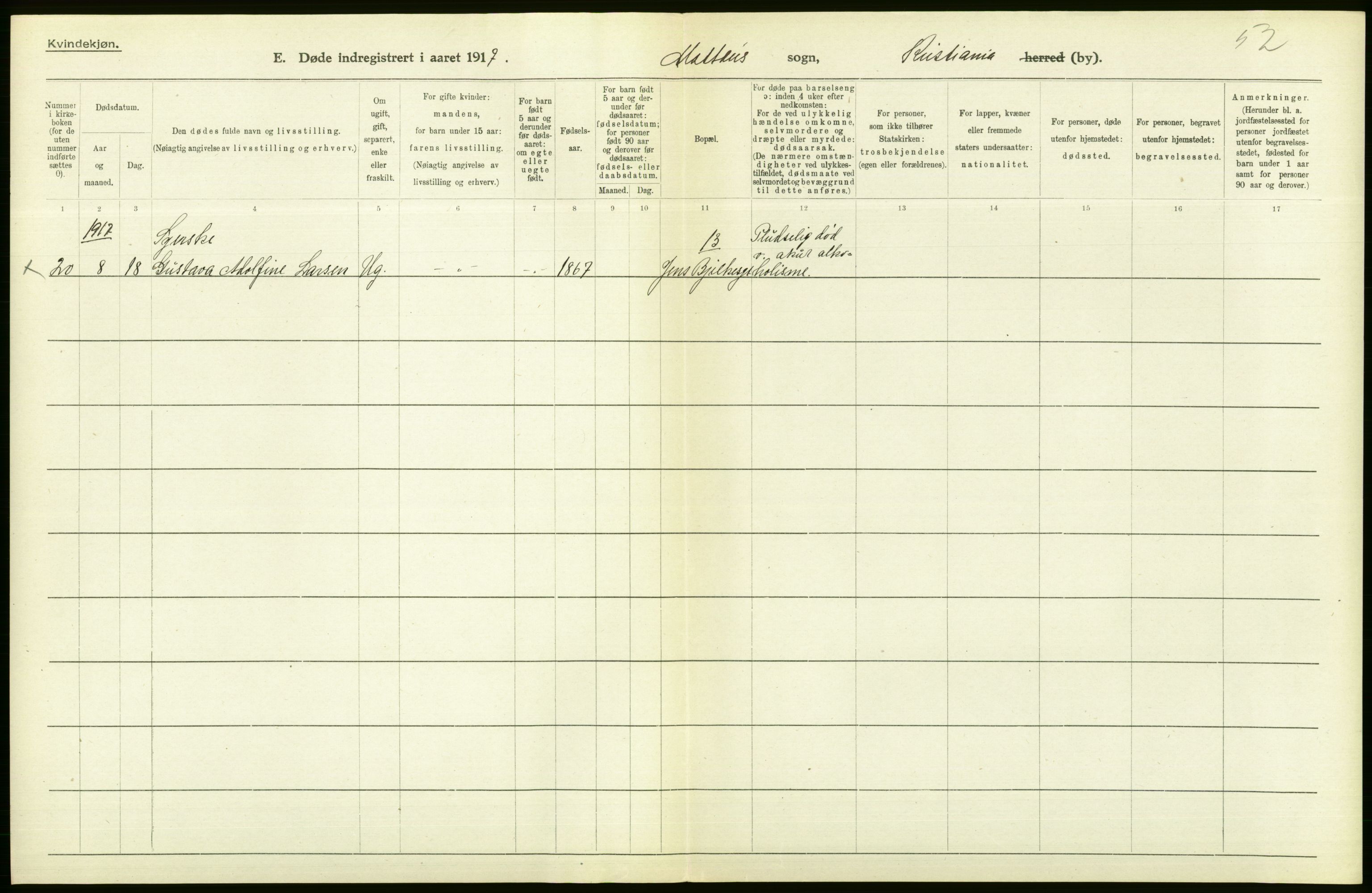 Statistisk sentralbyrå, Sosiodemografiske emner, Befolkning, AV/RA-S-2228/D/Df/Dfb/Dfbg/L0010: Kristiania: Døde, 1917, p. 176