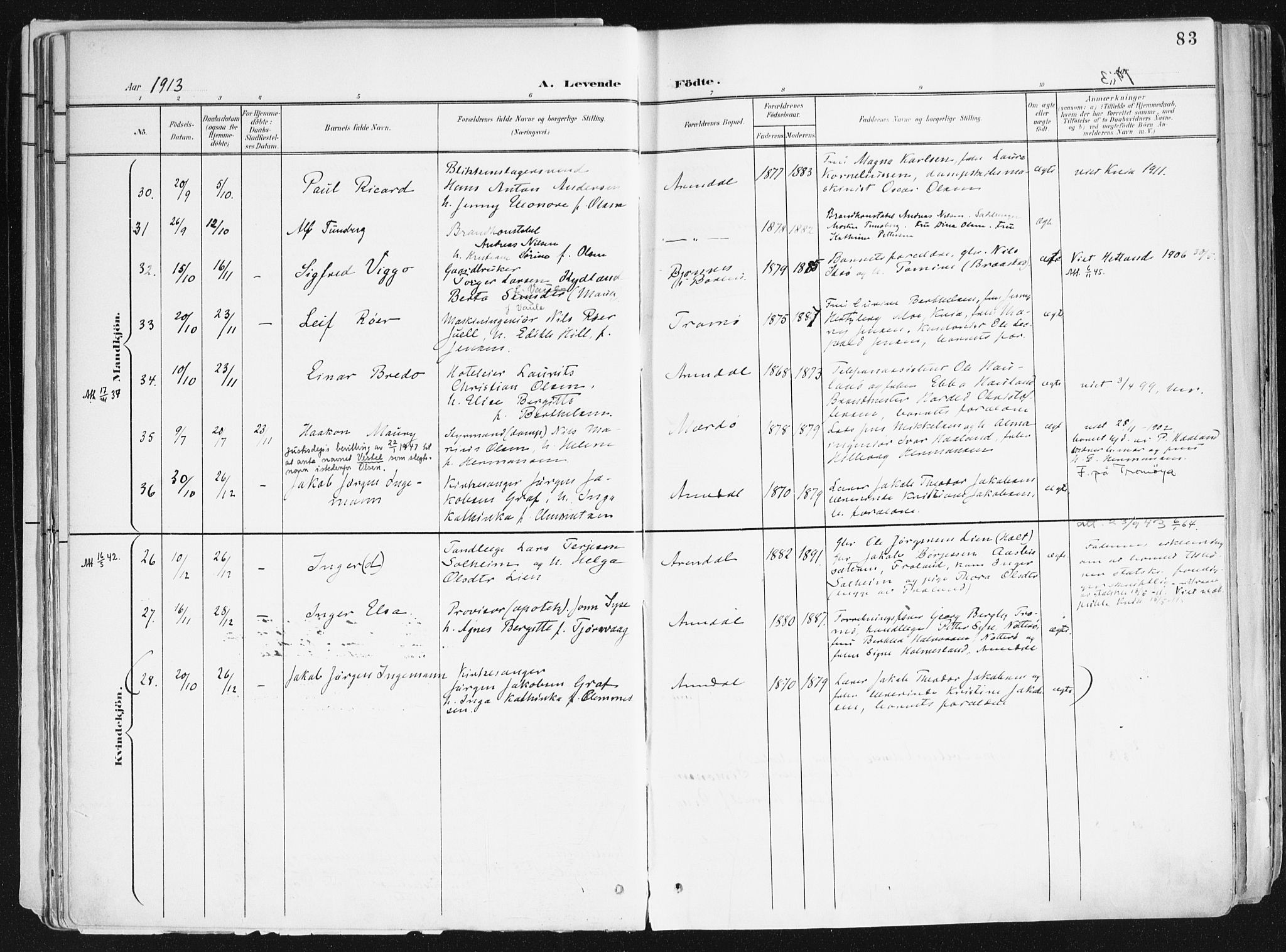 Arendal sokneprestkontor, Trefoldighet, AV/SAK-1111-0040/F/Fa/L0010: Parish register (official) no. A 10, 1900-1919, p. 83