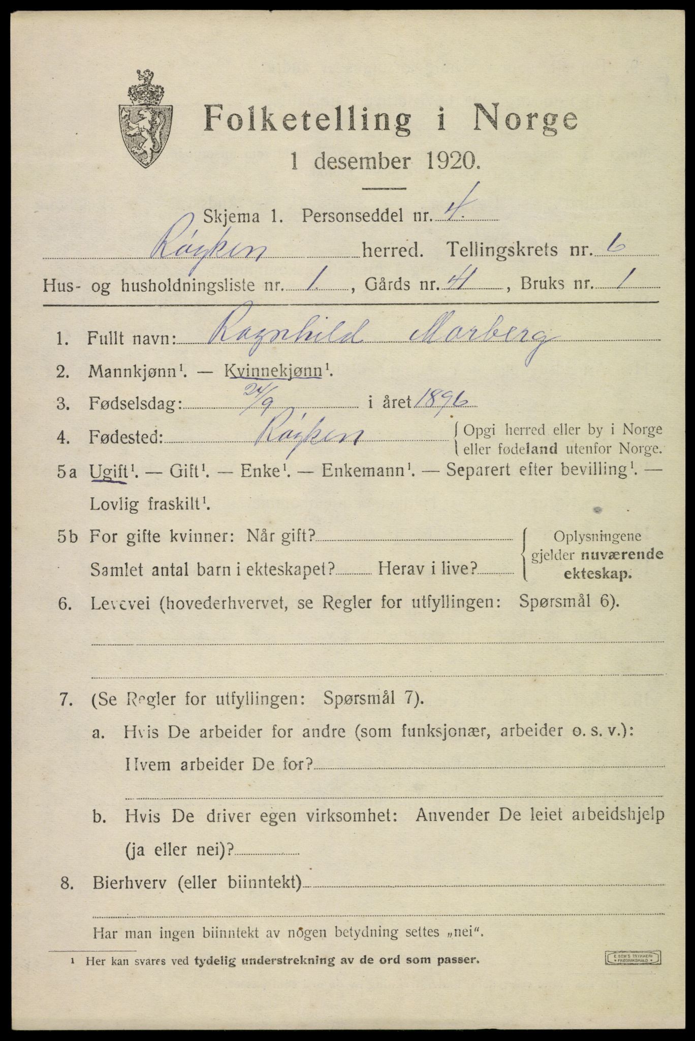 SAKO, 1920 census for Røyken, 1920, p. 9722