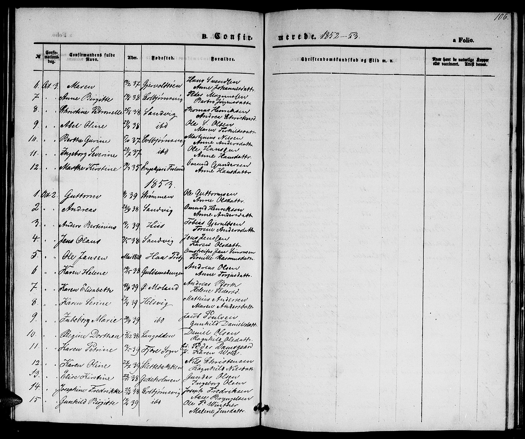 Hisøy sokneprestkontor, SAK/1111-0020/F/Fb/L0001: Parish register (copy) no. B 1, 1849-1872, p. 106