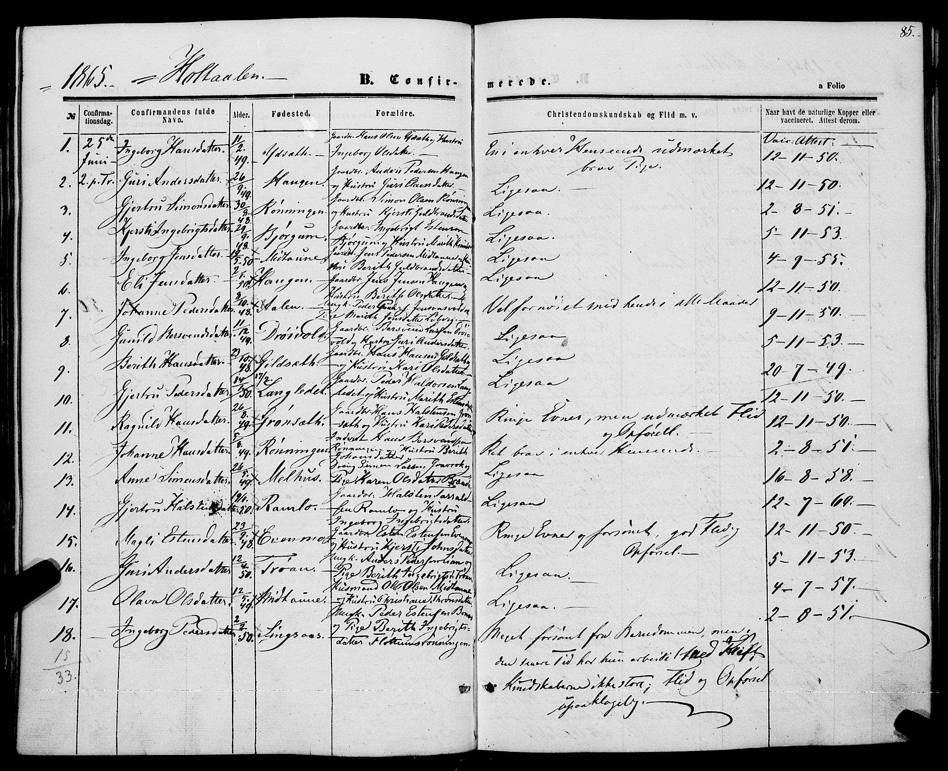 Ministerialprotokoller, klokkerbøker og fødselsregistre - Sør-Trøndelag, SAT/A-1456/685/L0966: Parish register (official) no. 685A07 /1, 1860-1869, p. 85