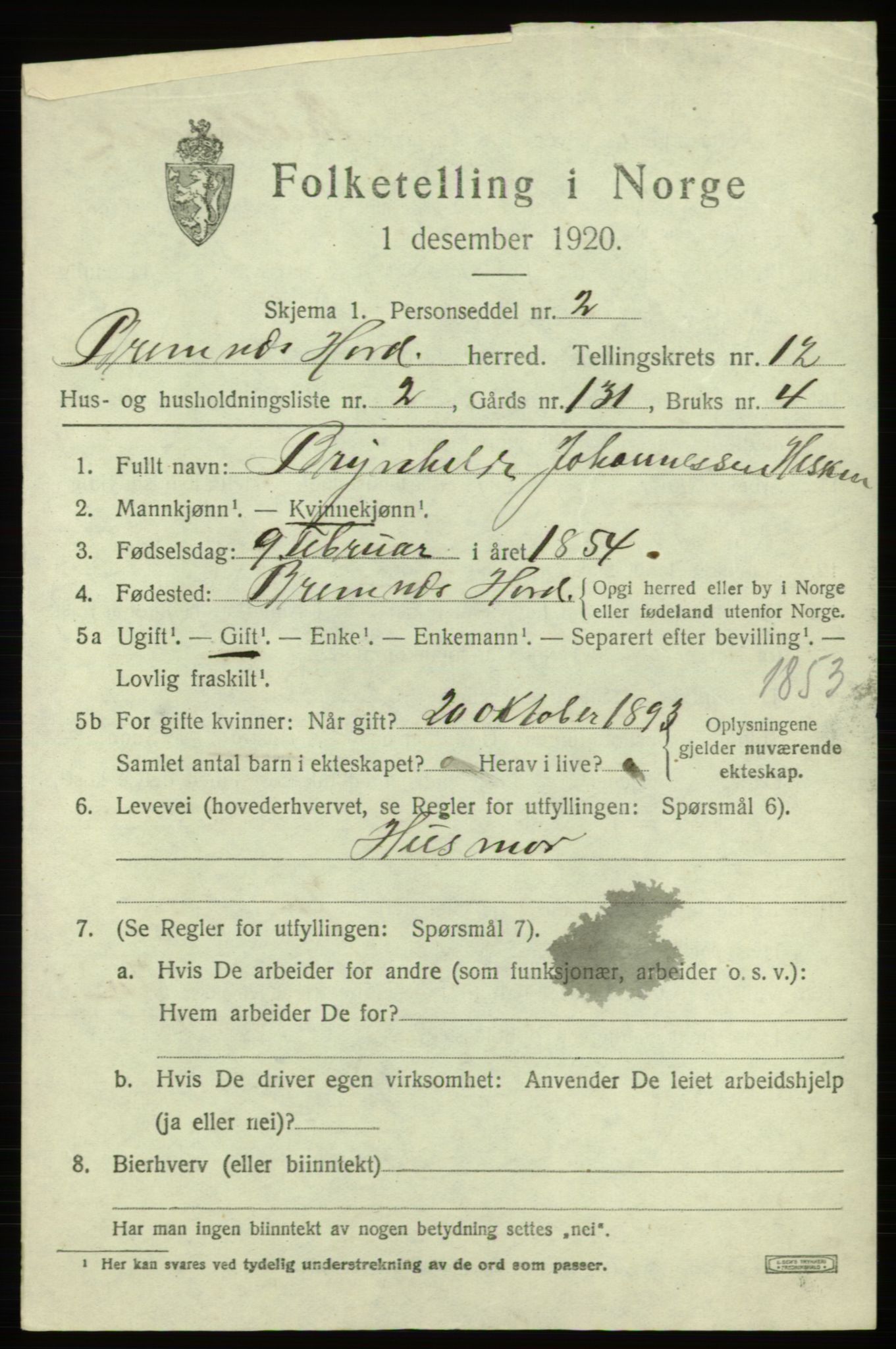 SAB, 1920 census for Bremnes, 1920, p. 7590