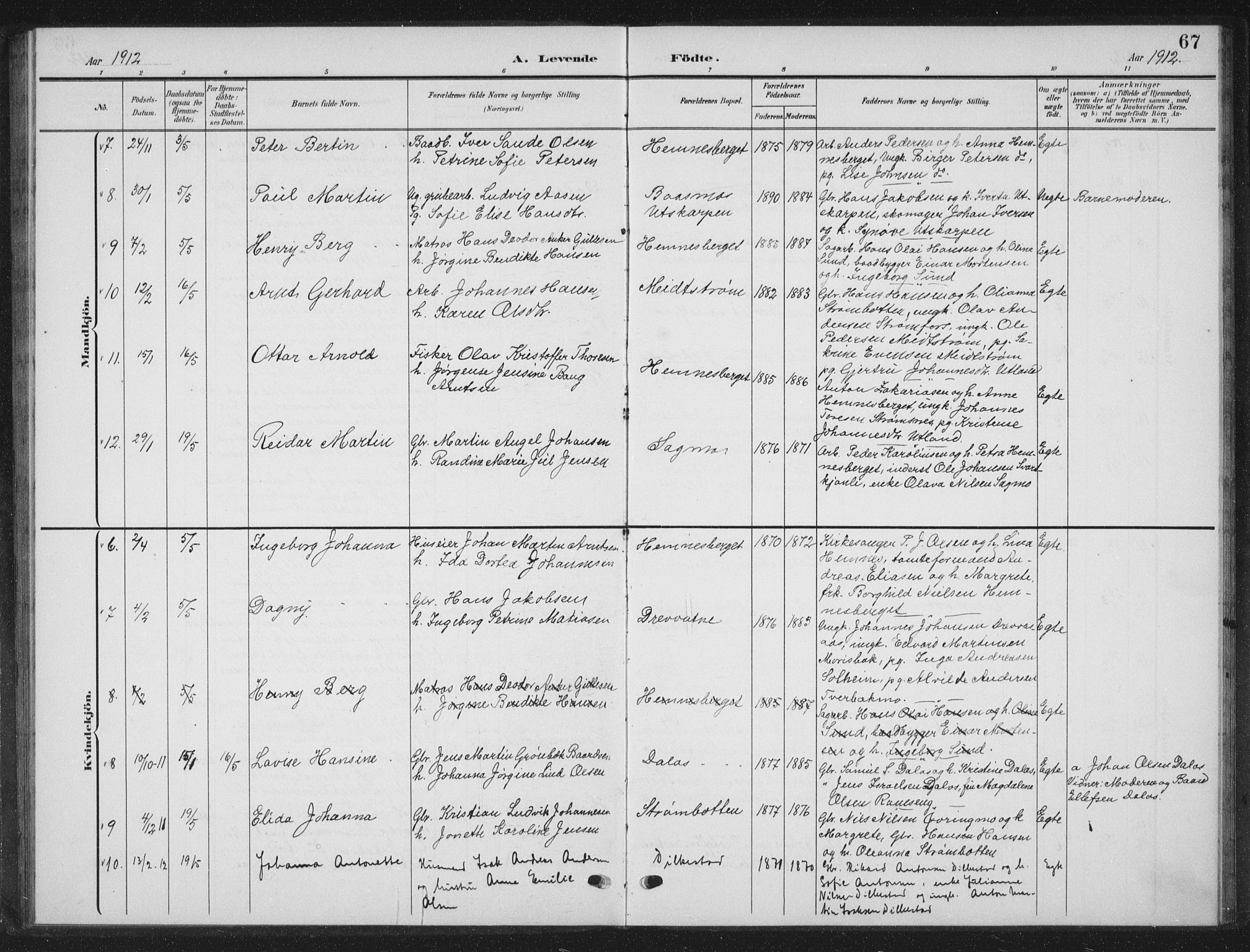 Ministerialprotokoller, klokkerbøker og fødselsregistre - Nordland, AV/SAT-A-1459/825/L0370: Parish register (copy) no. 825C07, 1903-1923, p. 67