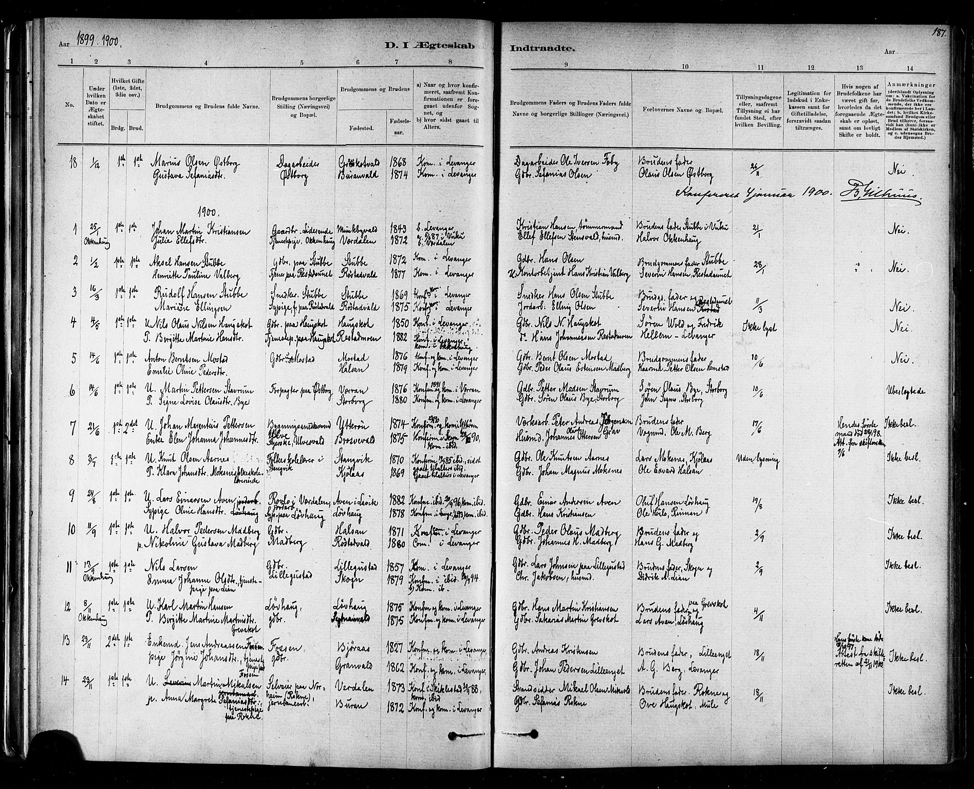Ministerialprotokoller, klokkerbøker og fødselsregistre - Nord-Trøndelag, SAT/A-1458/721/L0208: Parish register (copy) no. 721C01, 1880-1917, p. 187