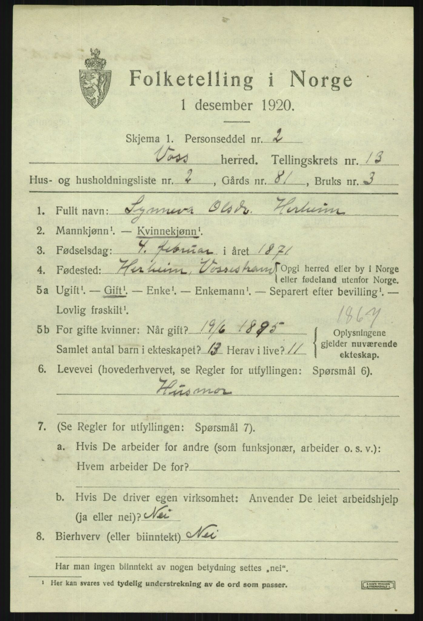 SAB, 1920 census for Voss, 1920, p. 11157