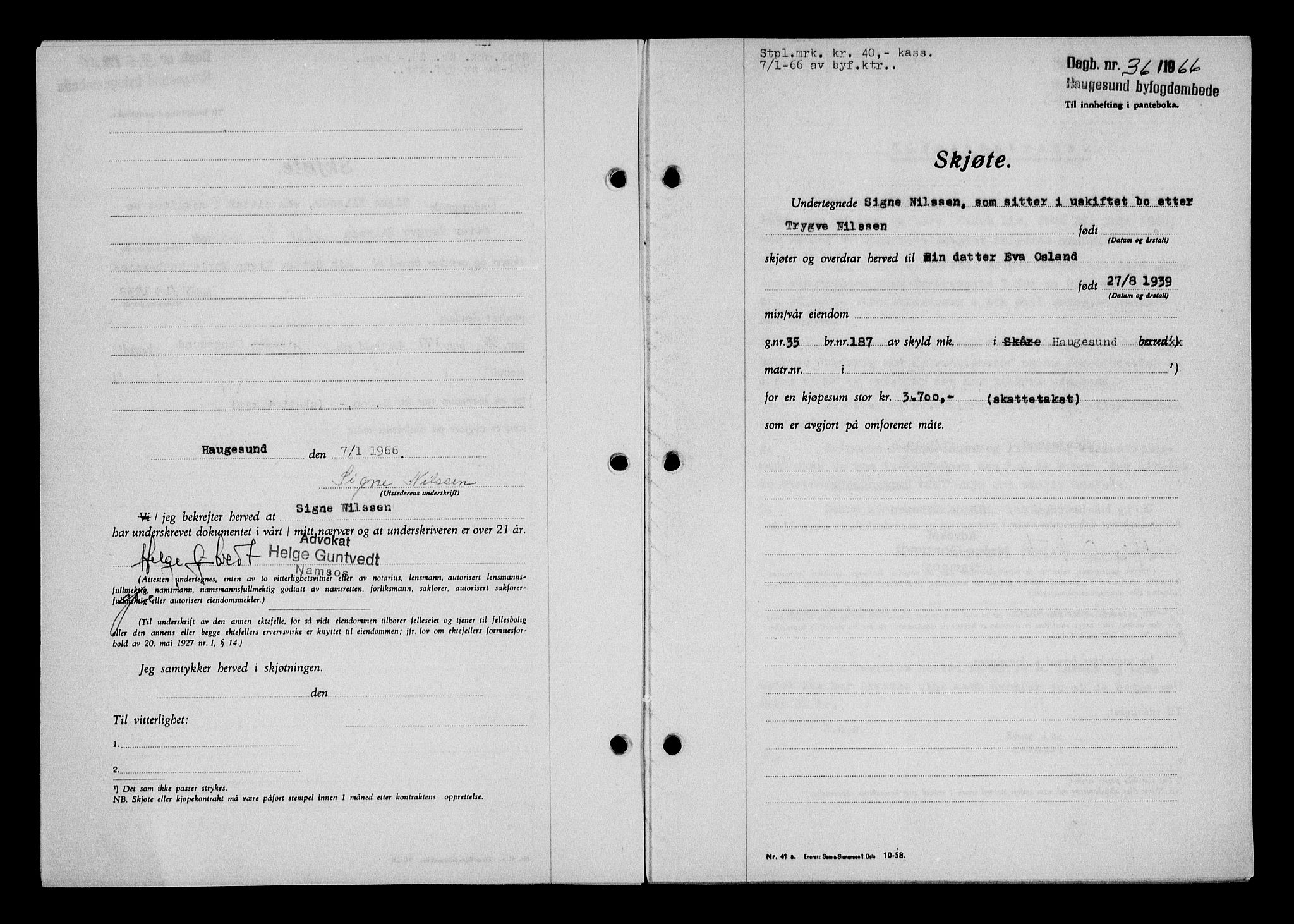 Haugesund tingrett, AV/SAST-A-101415/01/II/IIC/L0076: Mortgage book no. A 17, 1965-1966, Diary no: : 36/1966