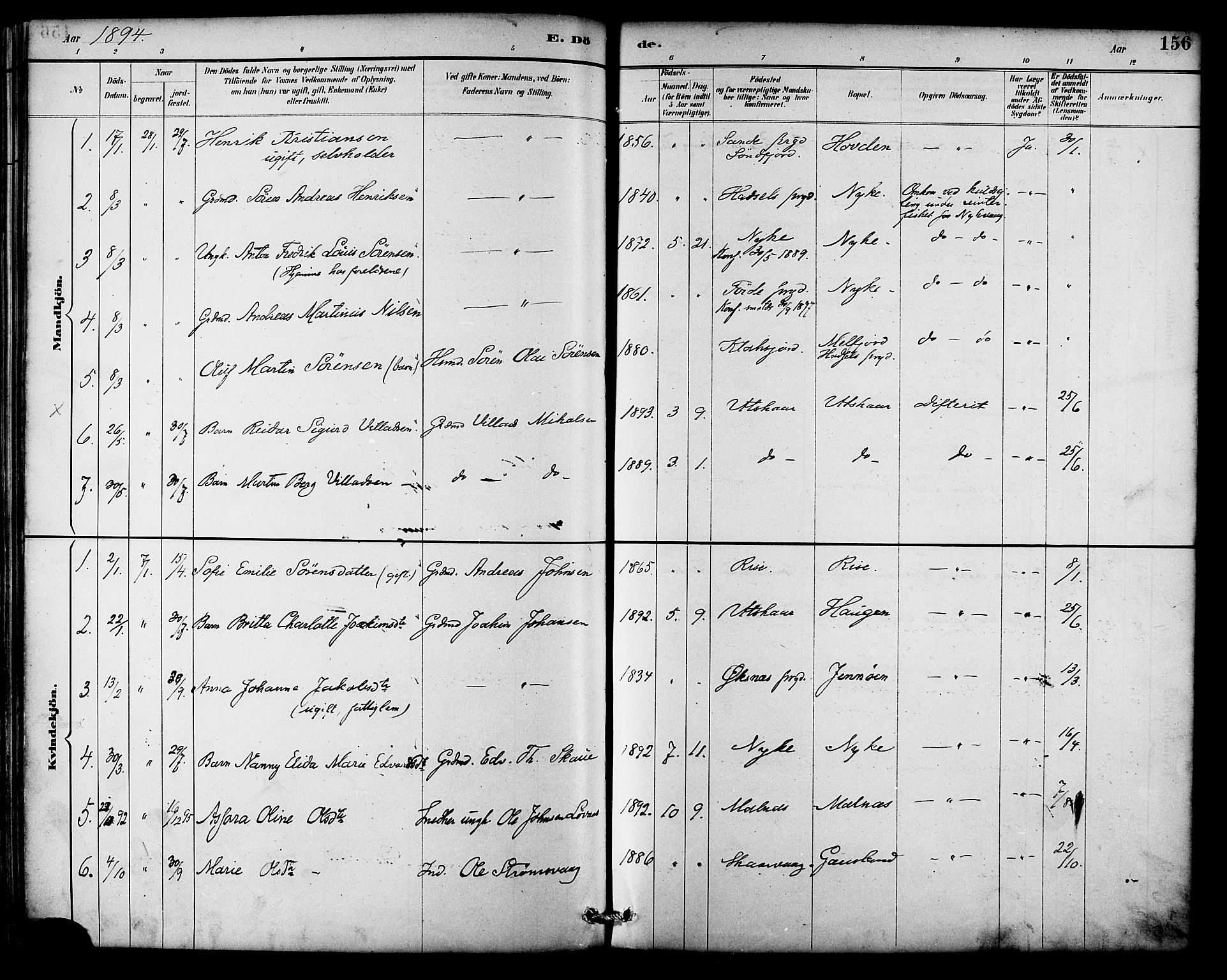 Ministerialprotokoller, klokkerbøker og fødselsregistre - Nordland, AV/SAT-A-1459/892/L1320: Parish register (official) no. 892A01, 1886-1901, p. 156