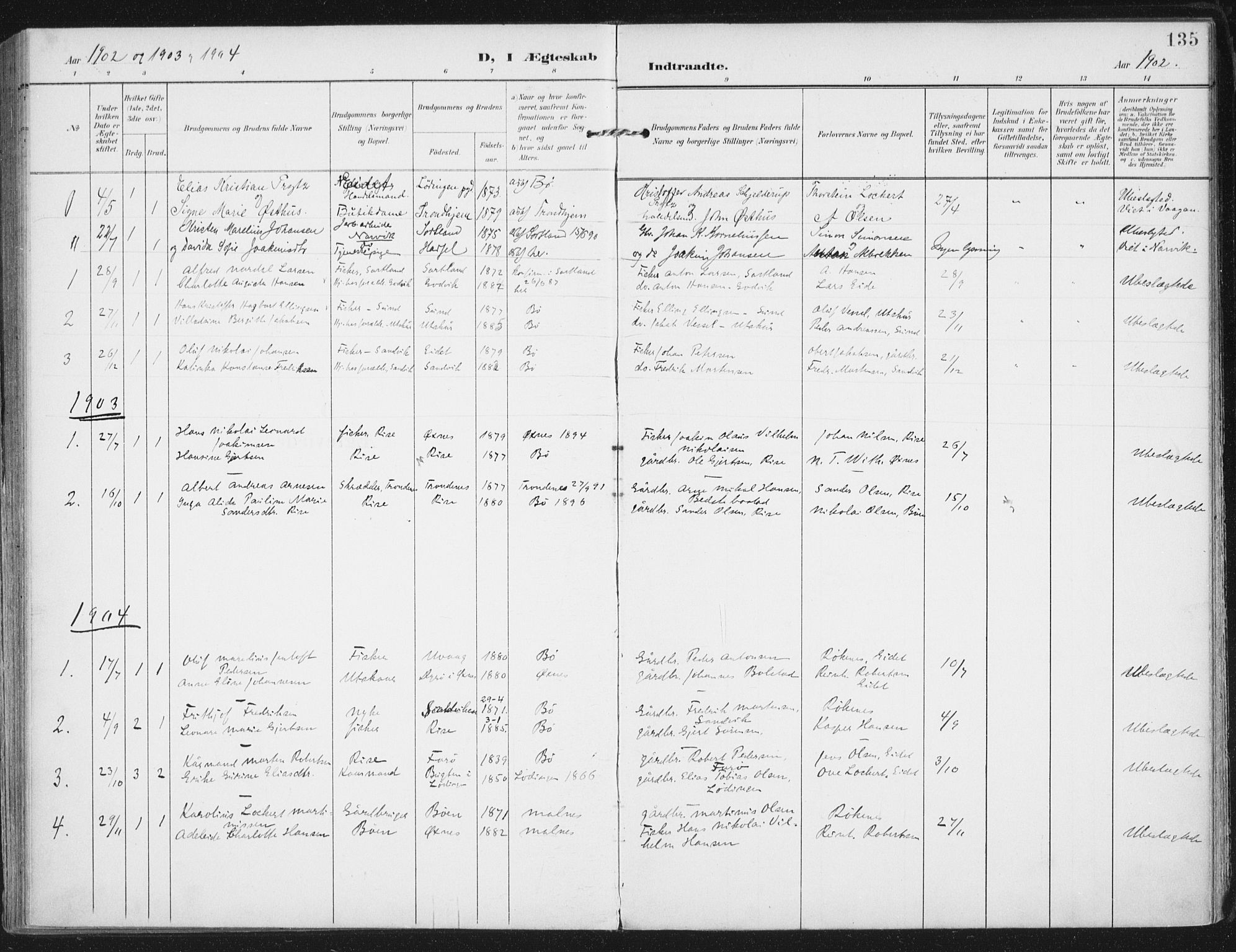 Ministerialprotokoller, klokkerbøker og fødselsregistre - Nordland, SAT/A-1459/892/L1321: Parish register (official) no. 892A02, 1902-1918, p. 135