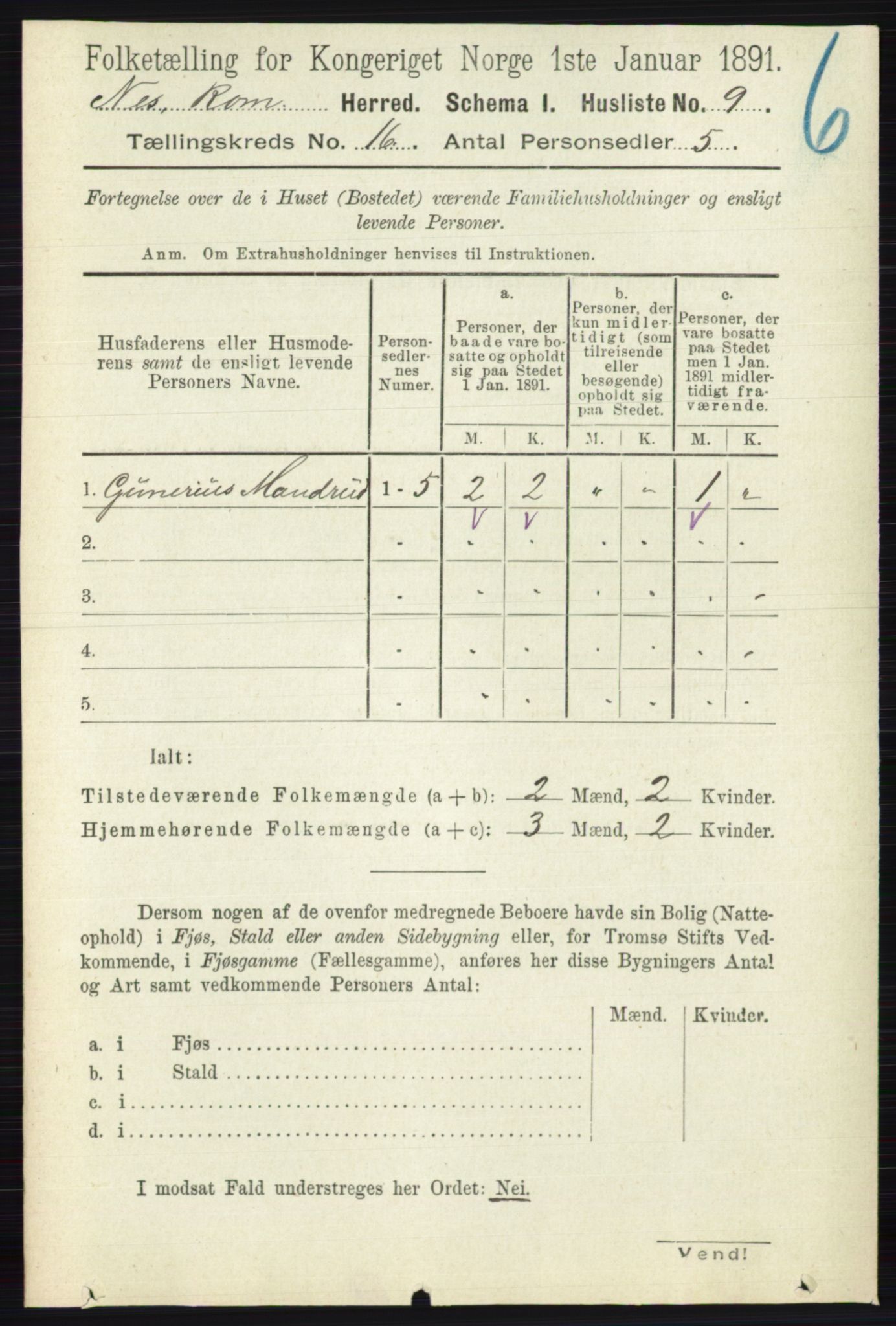 RA, 1891 census for 0236 Nes, 1891, p. 9507