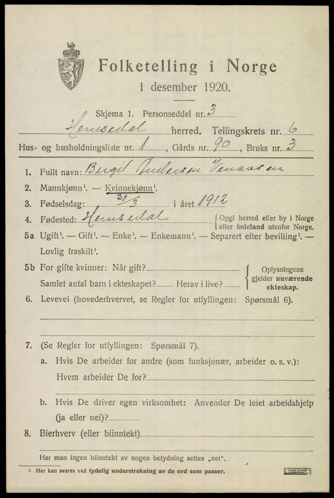 SAKO, 1920 census for Hemsedal, 1920, p. 2354