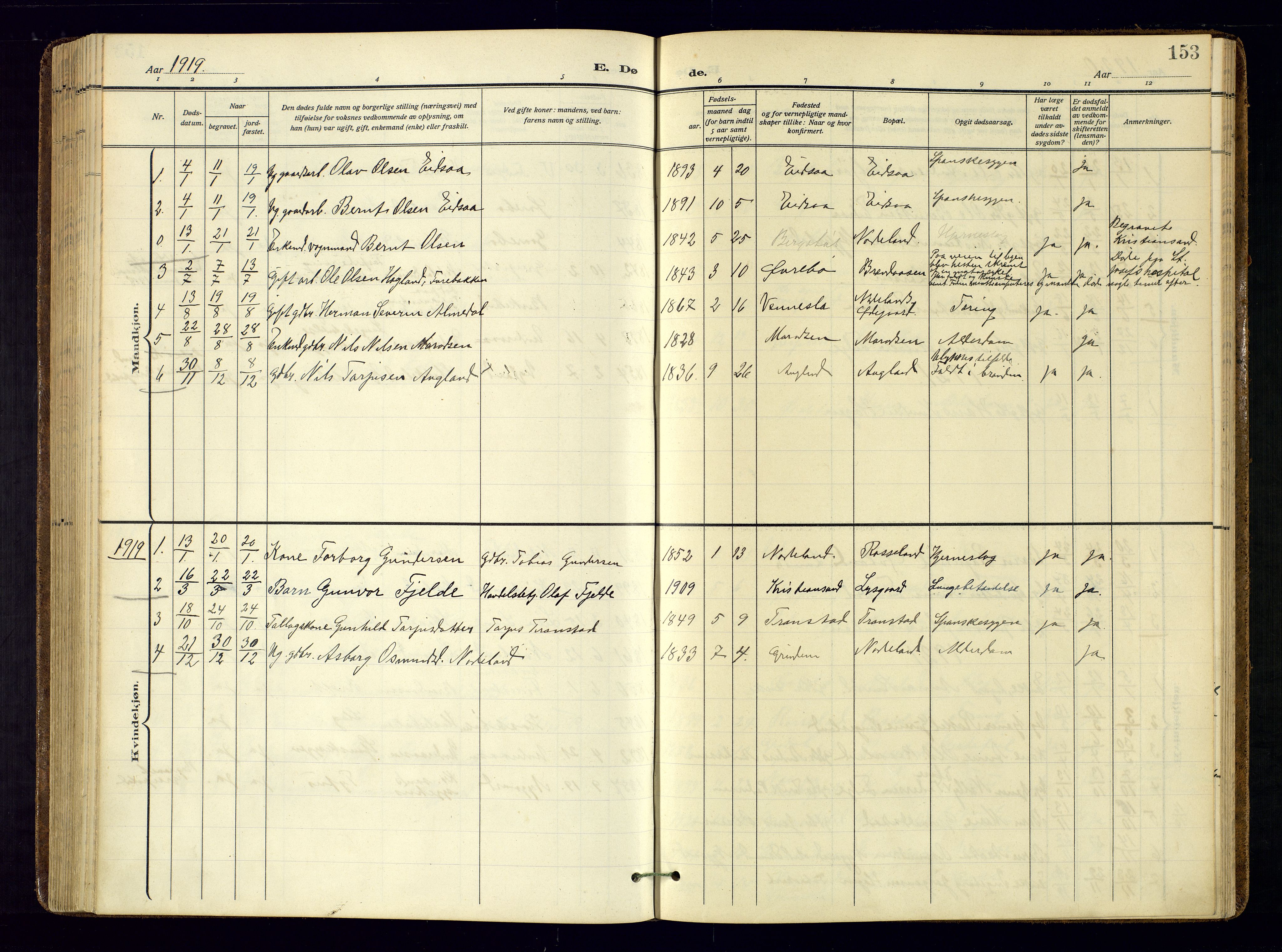 Søgne sokneprestkontor, AV/SAK-1111-0037/F/Fa/Faa/L0004: Parish register (official) no. A-4, 1911-1945, p. 153